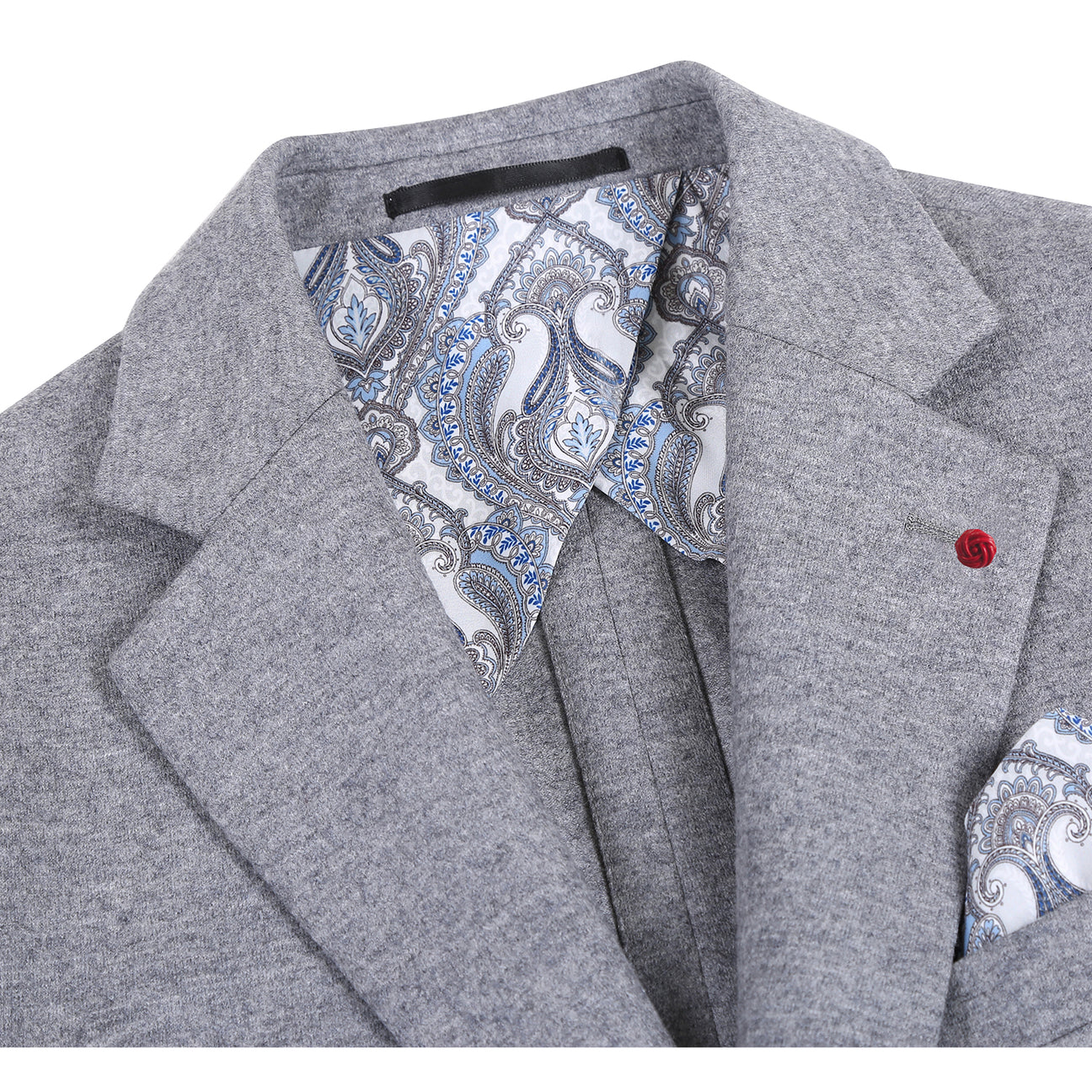 The Pellagio Men's Slim Fit Riserva Jacket Light Gray PF25-20W by Pellagio is displayed on a mannequin with a white dress shirt, striped tie, and patterned pocket square, featuring two front pockets and a modern slim fit.