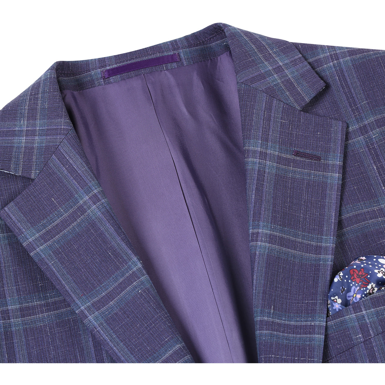 The Alessandro Vitello by Renoir New Slim Fit Wool Blazer Purple Blue 565-6 is displayed on a mannequin, highlighting its slim fit and single-breasted design. It includes a white shirt, red tie, pocket square, notch lapel, and two-button closure.