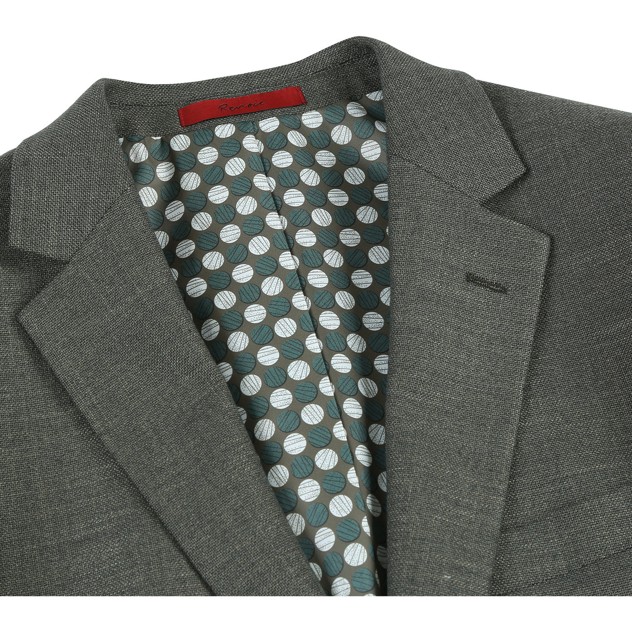A mannequin displays the Alessandro Vitello by Renoir New Slim Fit Sport Coat 294-27, a gray men's slim fit blazer featuring a single-button front and notch lapel, with pocket flaps. A blue striped tie and white shirt are visible underneath.