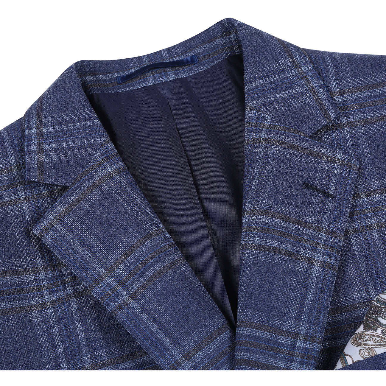 The Alessandro Vitello by Renoir New Slim Fit Wool Navy Blazer 567-17, featuring a notch lapel and pocket square, is styled with a white shirt and striped necktie on a mannequin.