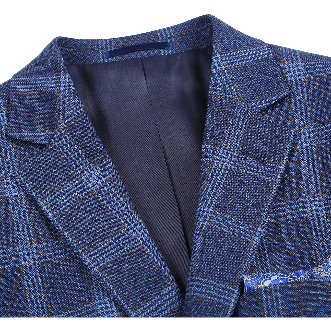 Renoir Alessandro Vitello New Slim Fit Wool Blue Blazer 567-5 features notch lapels, single-breasted style, and 100% wool. Shown with white shirt and striped tie; detail images highlight collar and inside label reading "Renoir.
