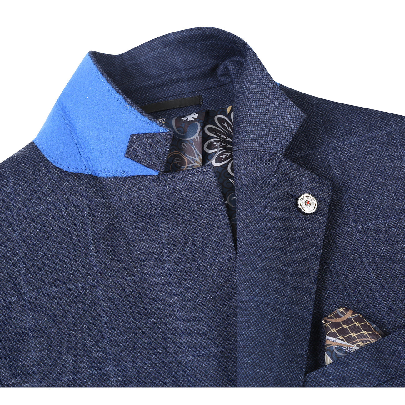 The Pellagio Riserva JKT Blazer PF24-6 by Pellagio is a dark blue plaid blazer with spandex for stretch, featuring floral inner lining and a matching pocket square.