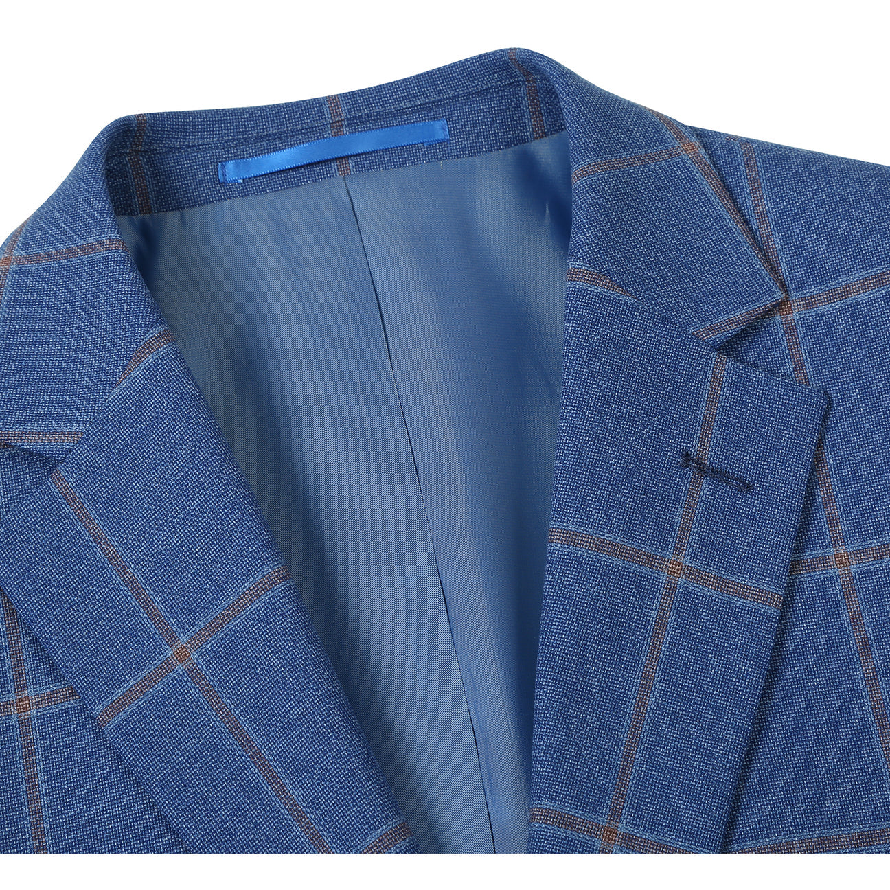 The Alessandro Vitello by Renoir Classic Fit Wool Blue Blazer 565-15 is styled on a mannequin with notch lapels, a white dress shirt, beige tie, and red patterned pocket square.