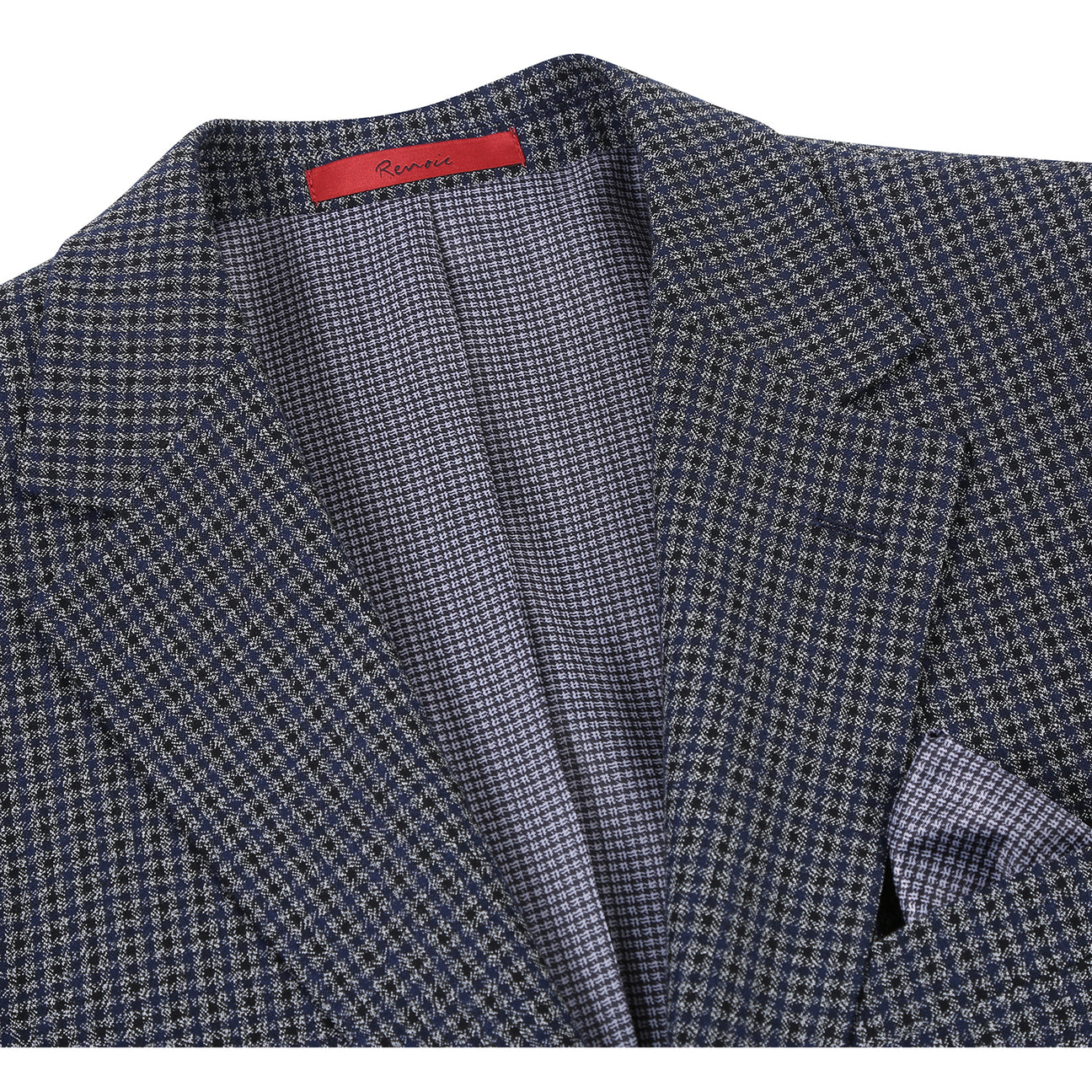 The Alessandro Vitello by Renoir New Slim Fit Brown Blue Blazer 294-38, featuring a modern design, is displayed on a mannequin over a white dress shirt and striped tie.