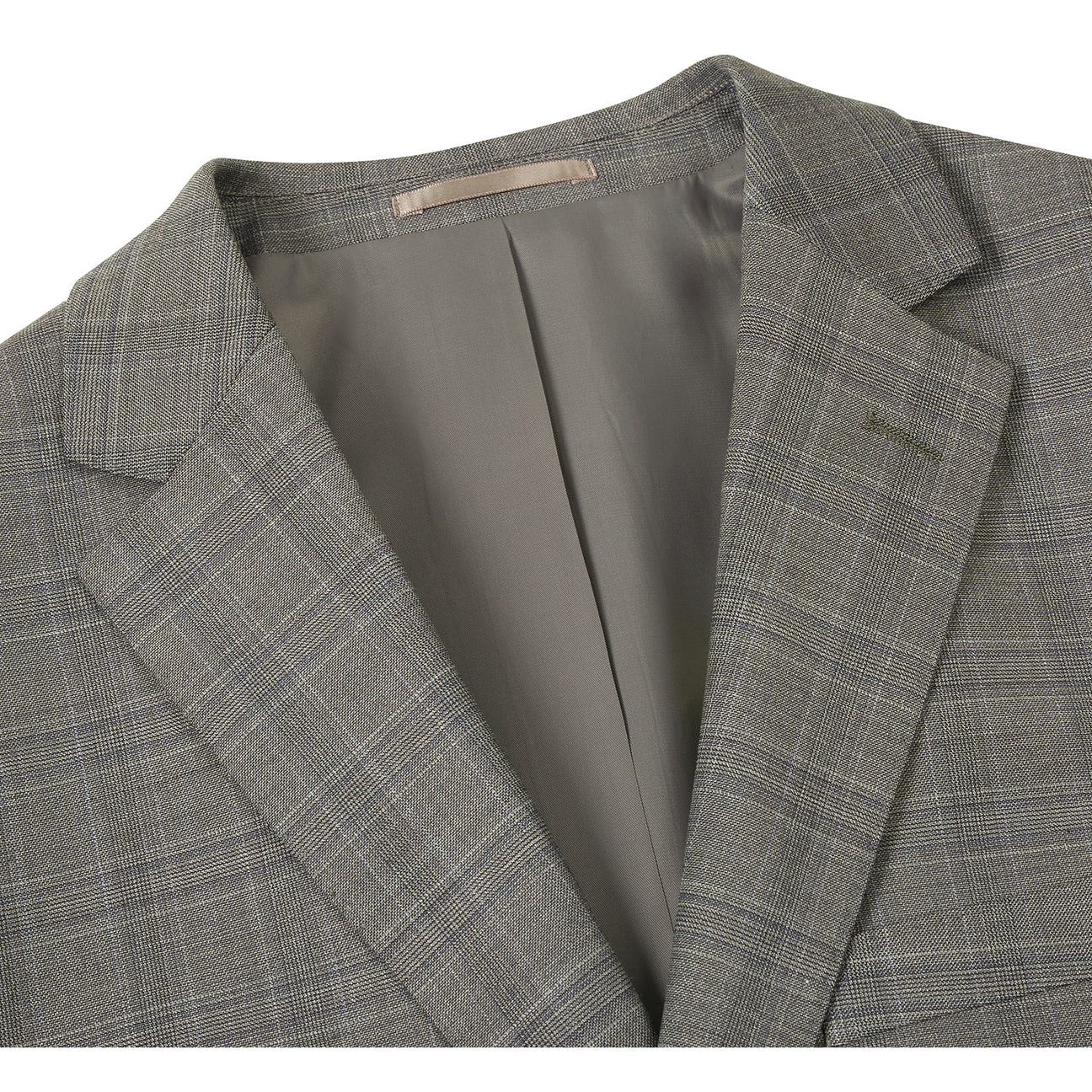 The Renoir Alessandro Vitello by Renoir Classic Fit Wool Suit 566-12, a gray plaid men's two-button jacket with notch lapels, is styled on a mannequin with a white dress shirt and red patterned tie.