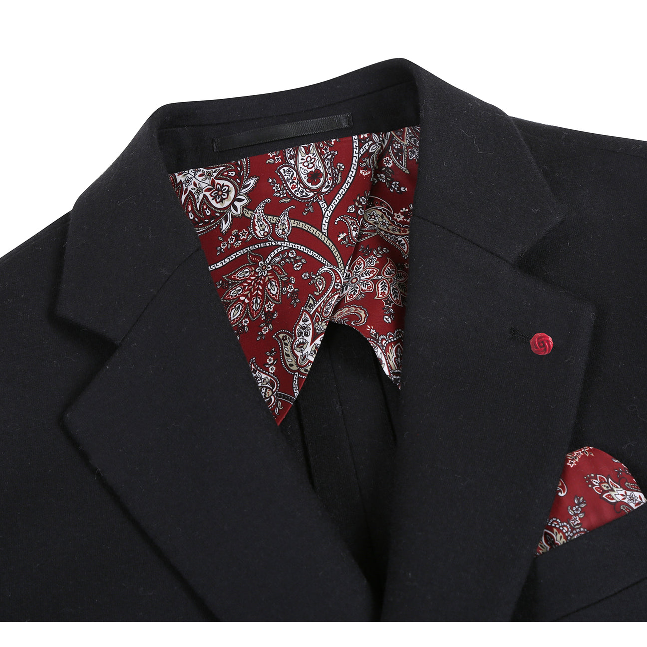 The Pellagio Men's Slim Fit Riserva Jacket Black PF25-17W by Pellagio, styled with a white dress shirt, striped orange tie, and patterned pocket square, is displayed on a headless mannequin.