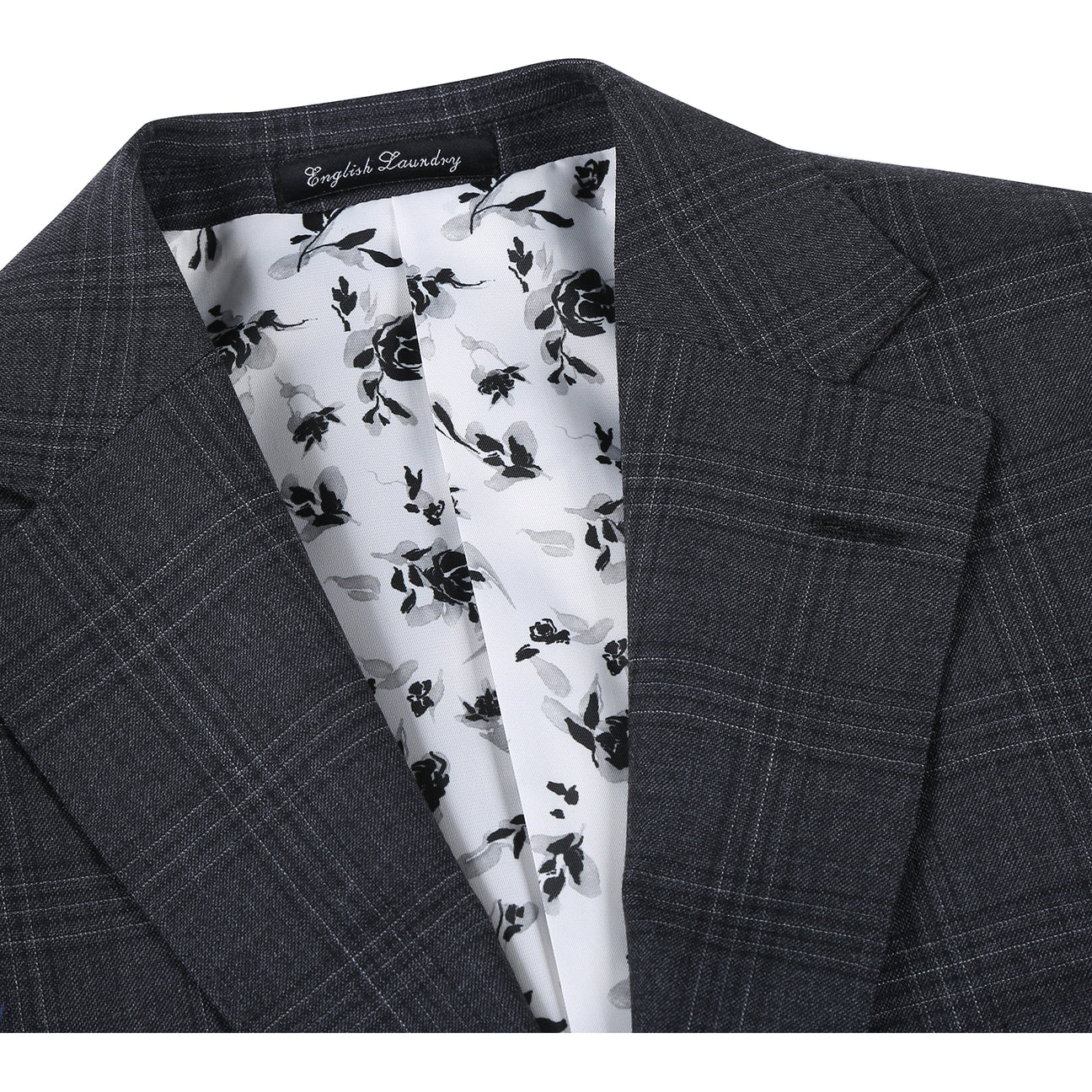 The ENGLISH LAUNDRY Dark Gray Check Suit EL12-58-095 by English Laundry is shown on a mannequin, styled with a white dress shirt and striped tie for a timeless men's suit ensemble.