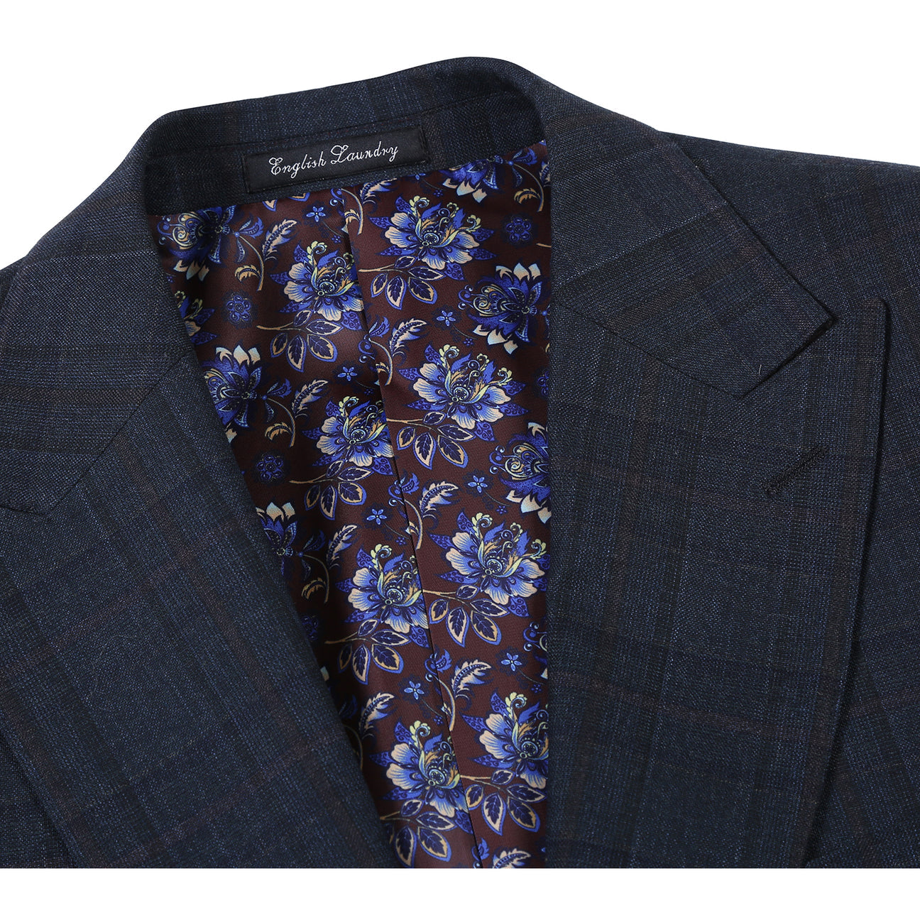 The ENGLISH LAUNDRY Dark Navy Check Suit EL12-56-475 by English Laundry is displayed on a mannequin with notched lapels, a white shirt, and striped tie—a sharp, modern two-button suit perfect for any occasion.