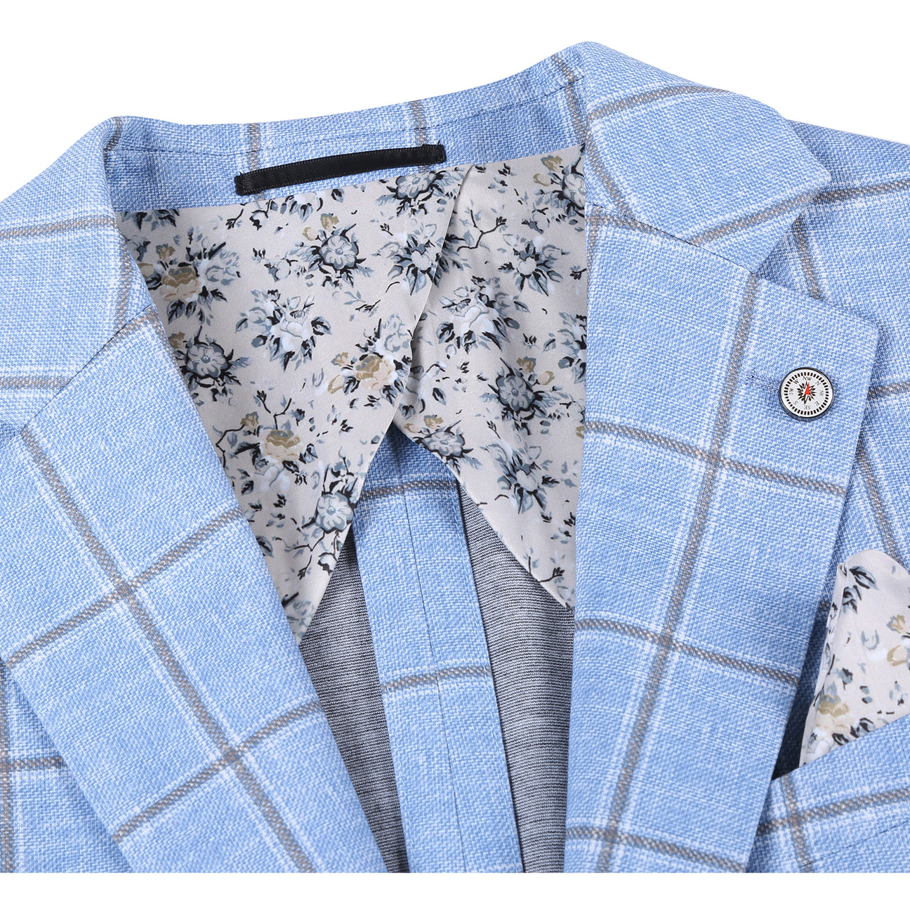 The Pellagio Light Blue Men's Slim Fit Riserva Jacket PS26-6 by Pellagio is styled with a white dress shirt, orange patterned tie, and patterned pocket square, shown on a headless mannequin.