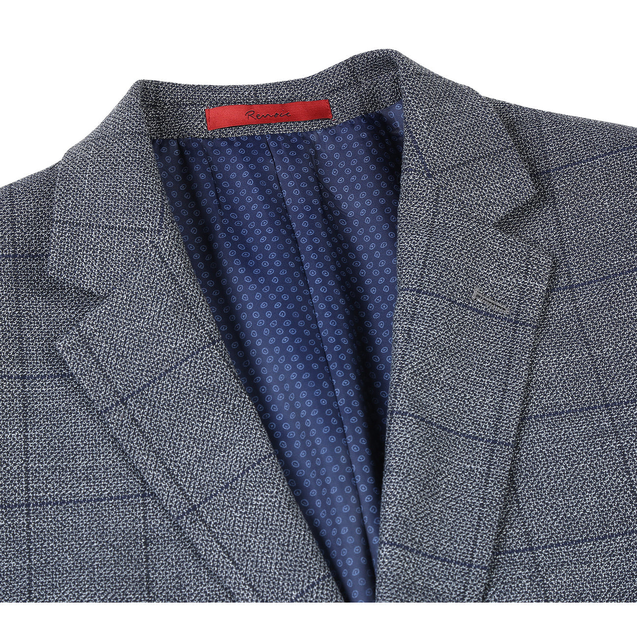 The Alessandro Vitello by Renoir Slim Fit Blazer Gray 294-20 is displayed on a mannequin with a stylish notch lapel, paired with a white shirt and purple patterned tie.