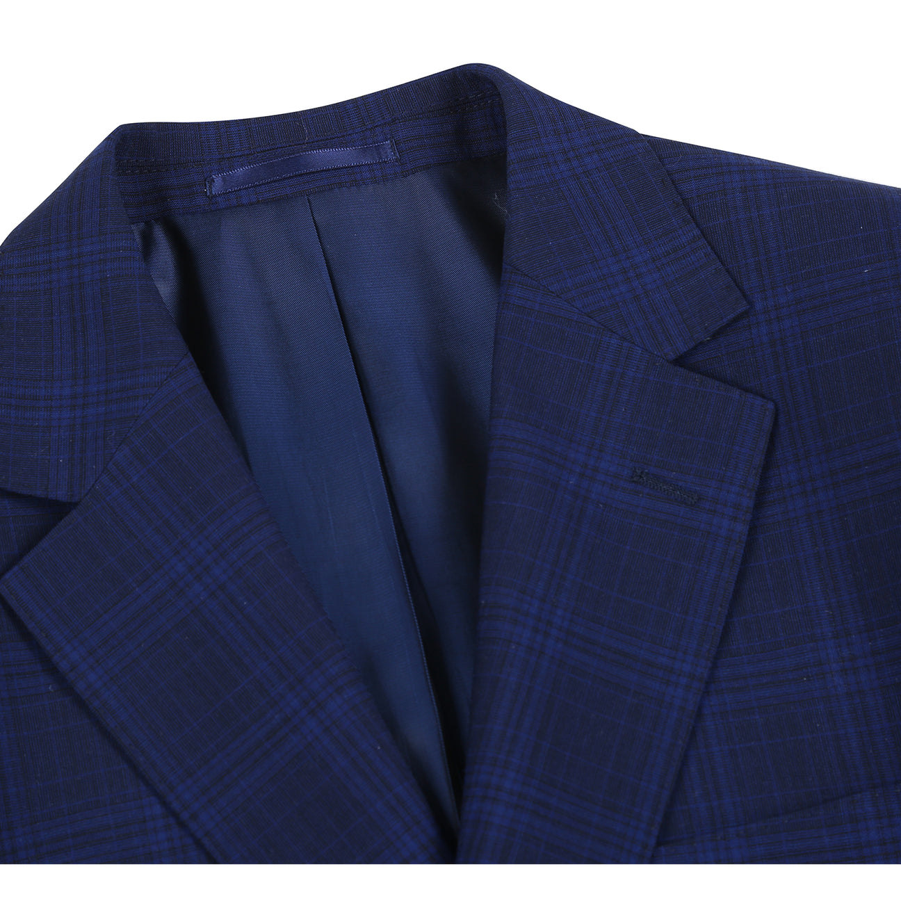 The Alessandro Vitello by Renoir New Slim Fit Wool Blue Suit 566-7 is displayed on a mannequin, styled with a white dress shirt and a maroon patterned tie.