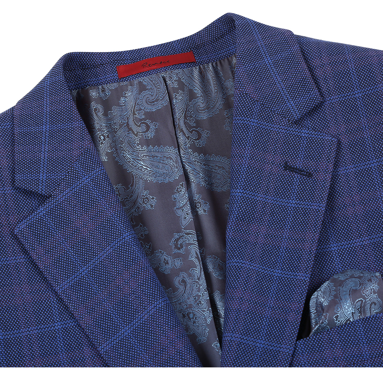 The Alessandro Vitello by Renoir Classic Fit Blazer Blue 294-47 features a notch lapel, paisley lining, two-button closure, and includes a pocket square in the breast pocket.