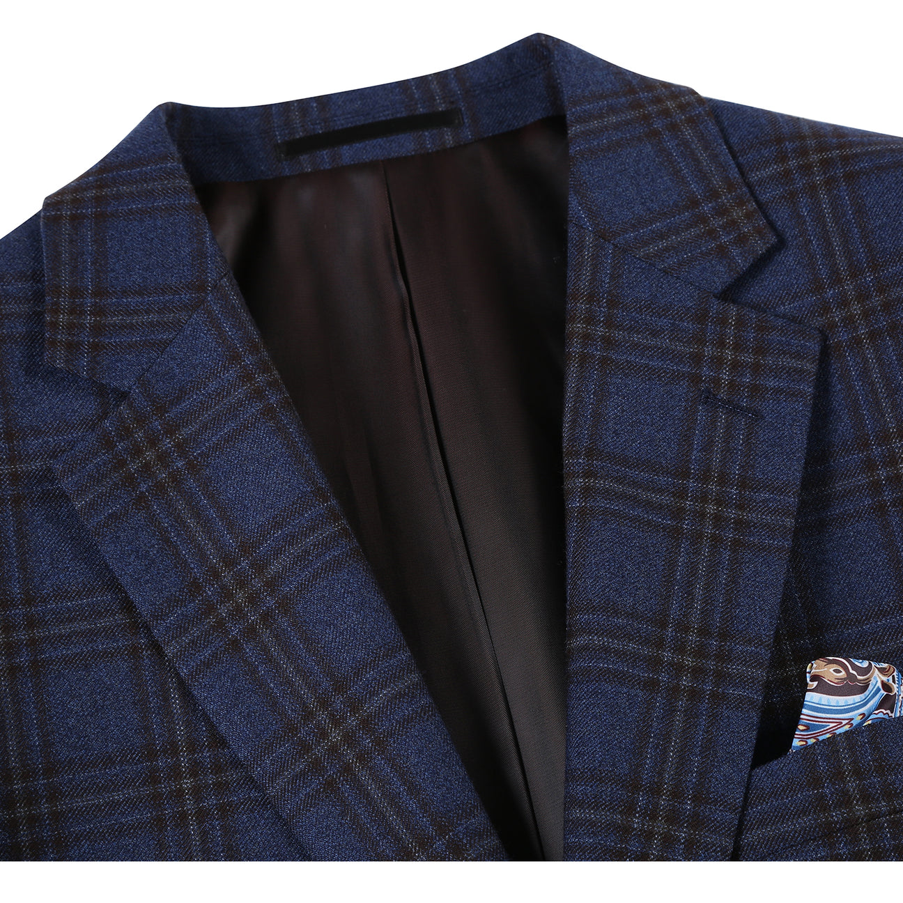 The Renoir Alessandro Vitello Classic Fit Wool Blazer in blue-black (565-10) is shown on a mannequin with a white dress shirt, red patterned tie, and patterned pocket square.