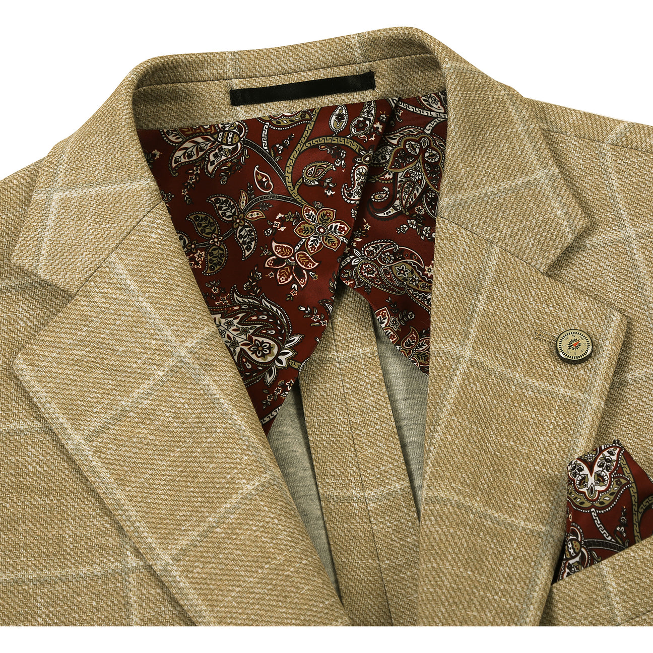 The Pellagio Men's Half Canvas Blazer Rattan PS25-2, a slim-fit tan plaid jacket with notched lapel, is displayed on a mannequin with a white shirt, burgundy patterned tie, and matching pocket square.