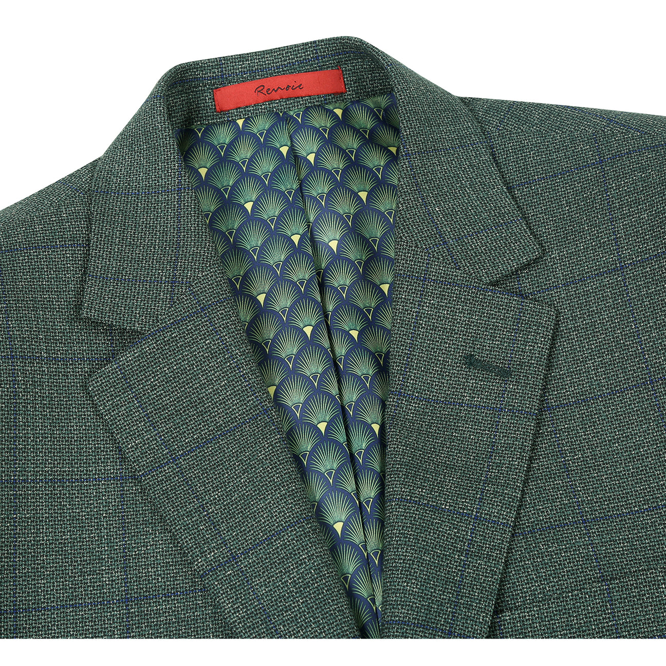 The Alessandro Vitello by Renoir New Slim Fit Green Blazer 294-36 features a dark green plaid, single-breasted design with two buttons, notch lapel, and flap pockets, shown on a mannequin with a white shirt and blue striped tie.
