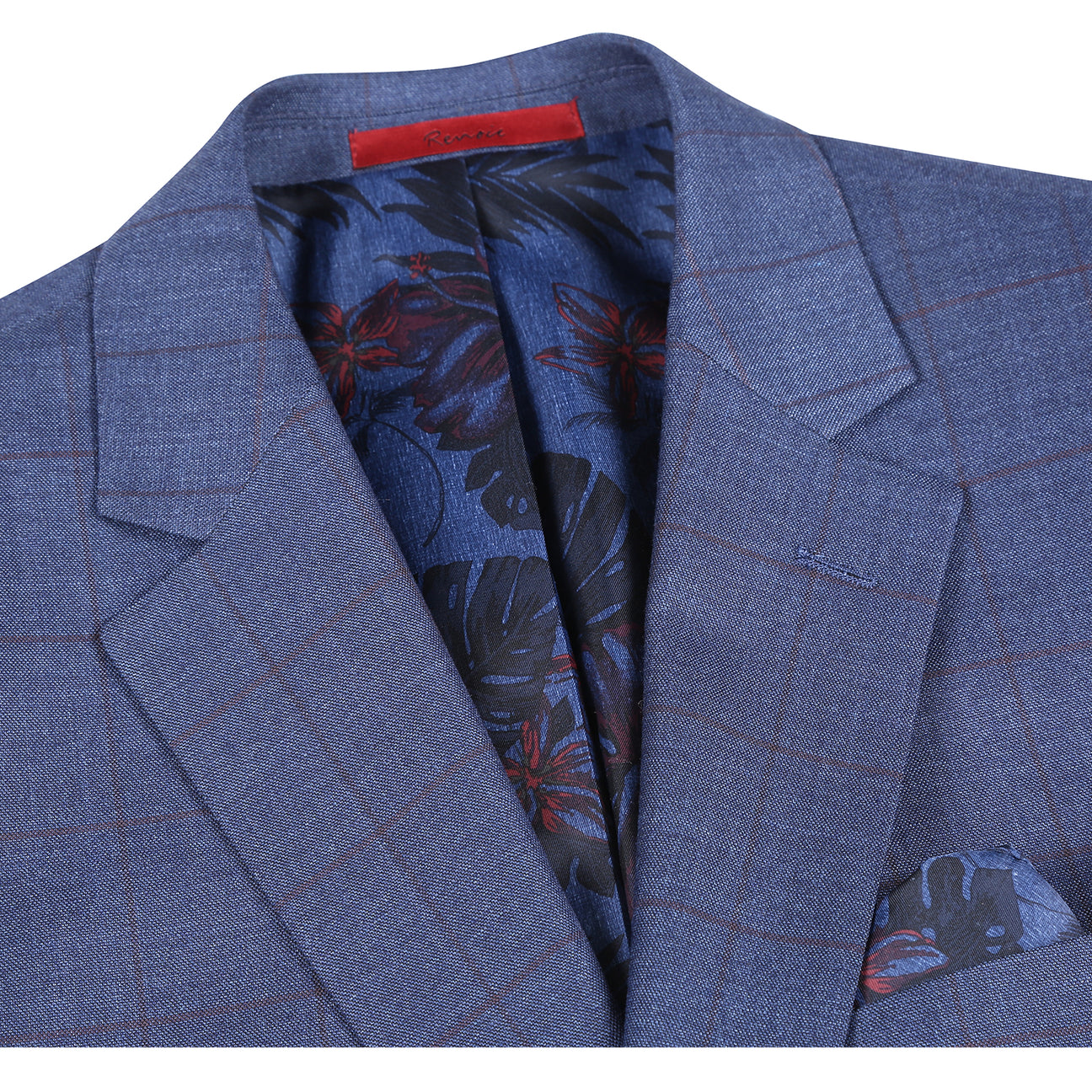 The Alessandro Vitello by Renoir Classic Fit Suit 293-56 features a blue side-vented jacket with a 3-inch notch lapel, flat front pants, four cuff buttons, plus fabric, stitching, and brand label close-ups from Renoir.
