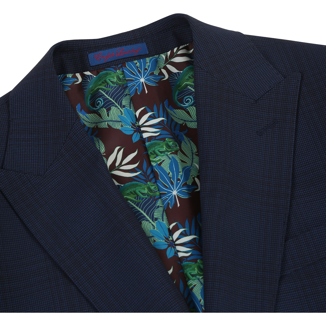 The ENGLISH LAUNDRY Grey Check Suit 12-18-001EL by English Laundry, styled with a white dress shirt and a maroon dotted tie, is displayed on a featureless mannequin.