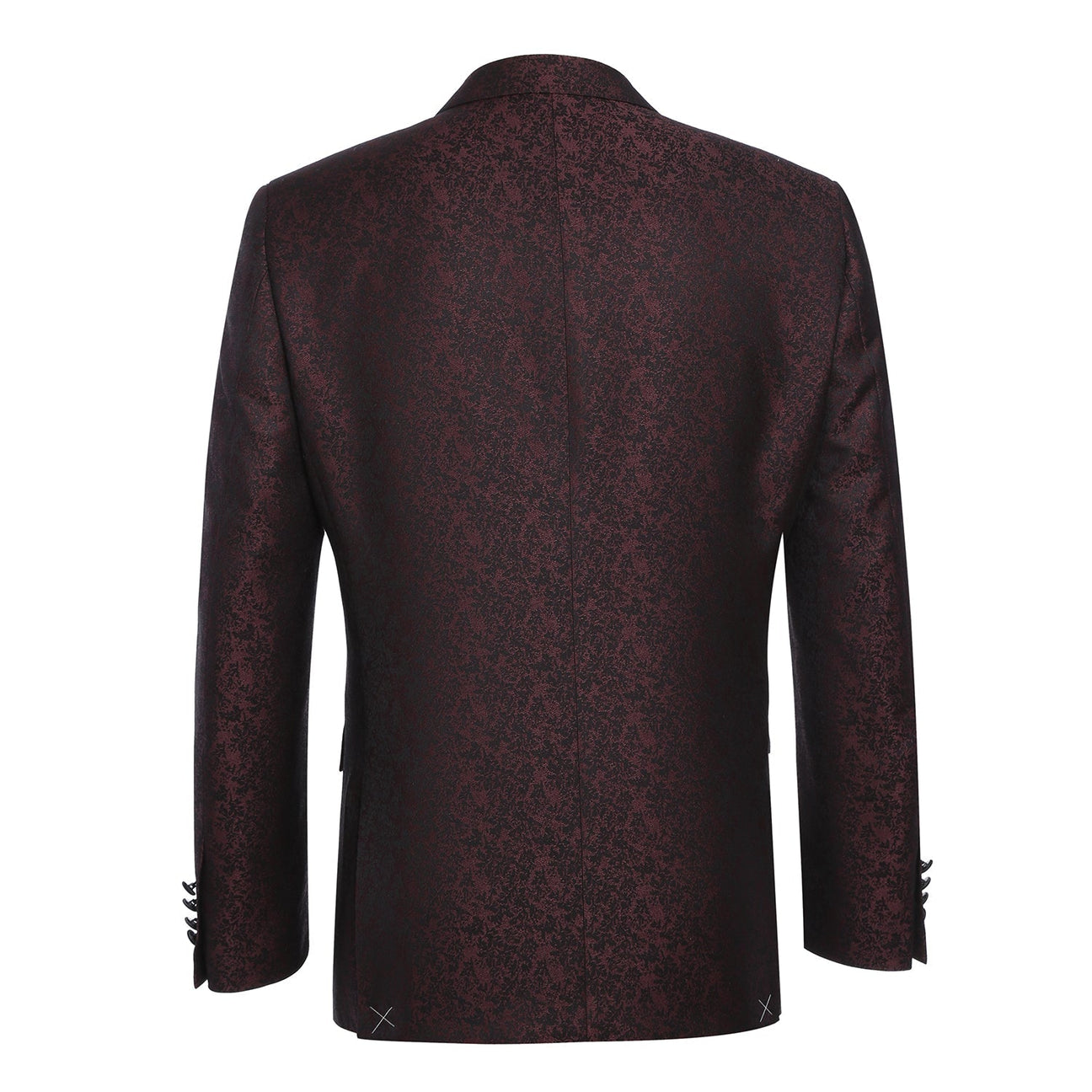 Close-up of the Renoir Alessandro Vitello Slim Fit Burgundy Tuxedo Blazer 290-5, featuring a black lapel, red patterned fabric, red inner lining, and an "Italy Style" label inside the collar.