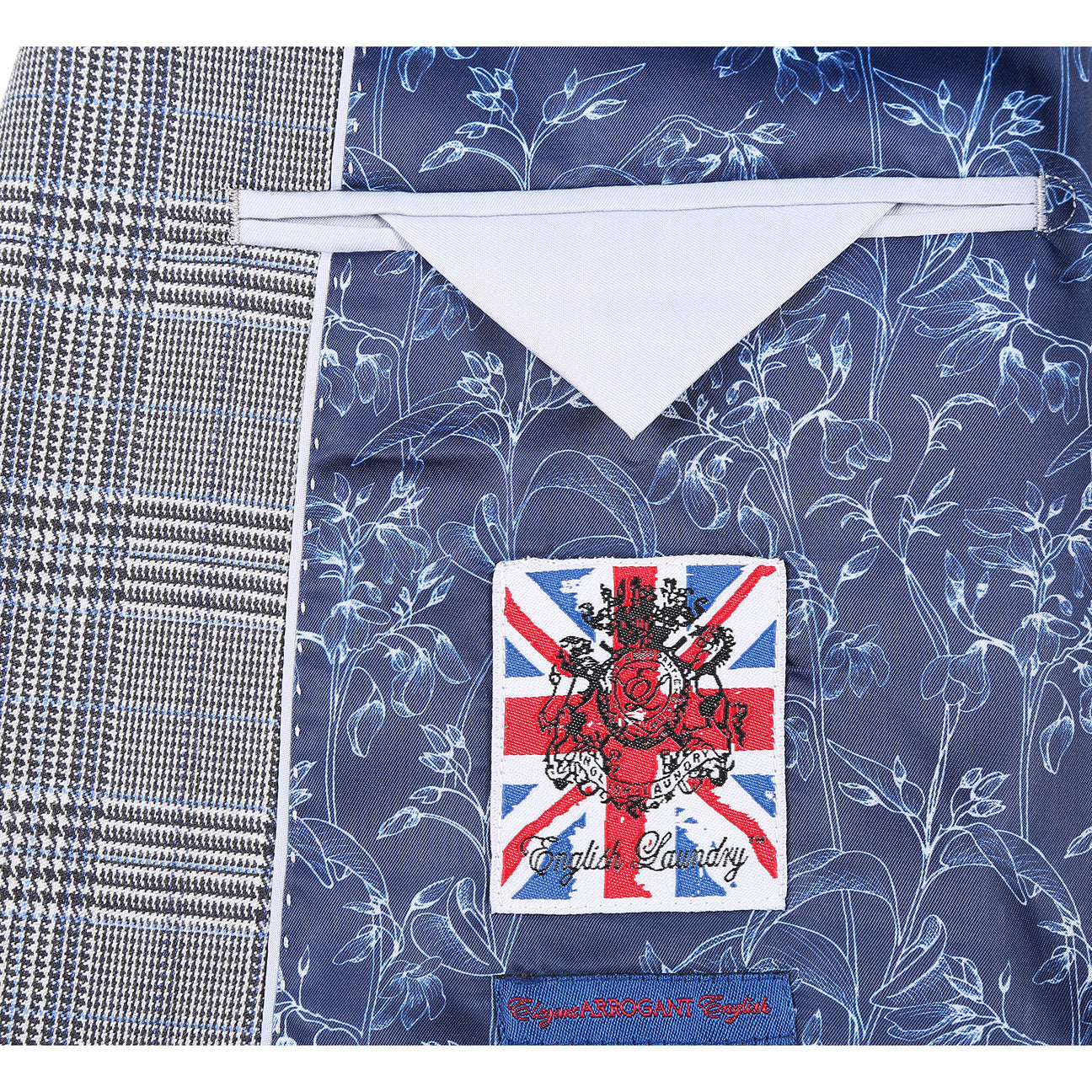 English Laundry 2pc Suit Light Gray 32-50-002EL: Men’s slim-fit single-breasted grey plaid blazer with two-button closure, two front pockets, and a blue patterned lining—versatile for any modern wardrobe. Displayed on a white background.