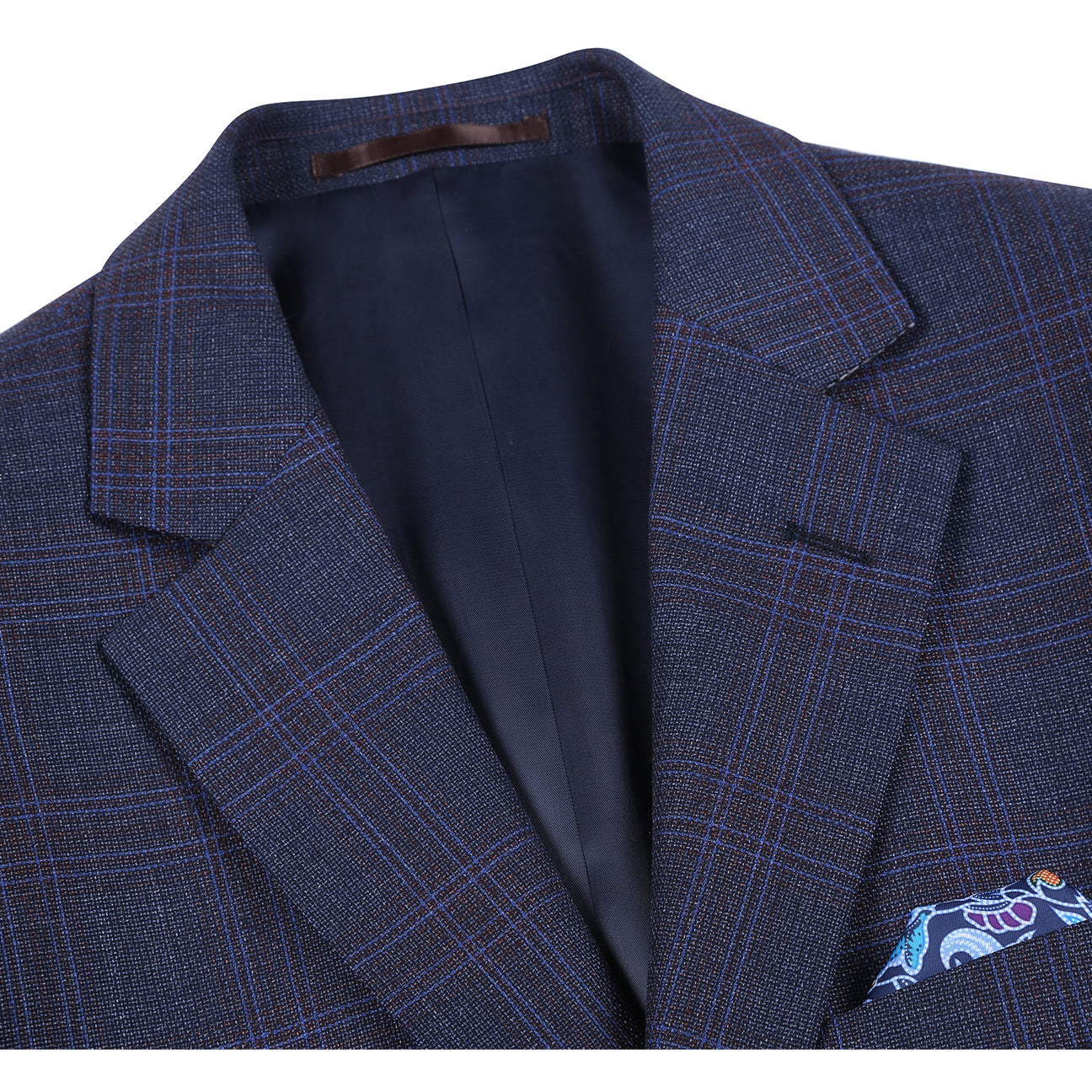 The Renoir Alessandro Vitello New Slim Fit Wool Brown Blazer 567-3 is expertly tailored from 100% wool; close-ups highlight its lapel and buttoned sleeve details. Paired with a striped tie and pocket square for added style.