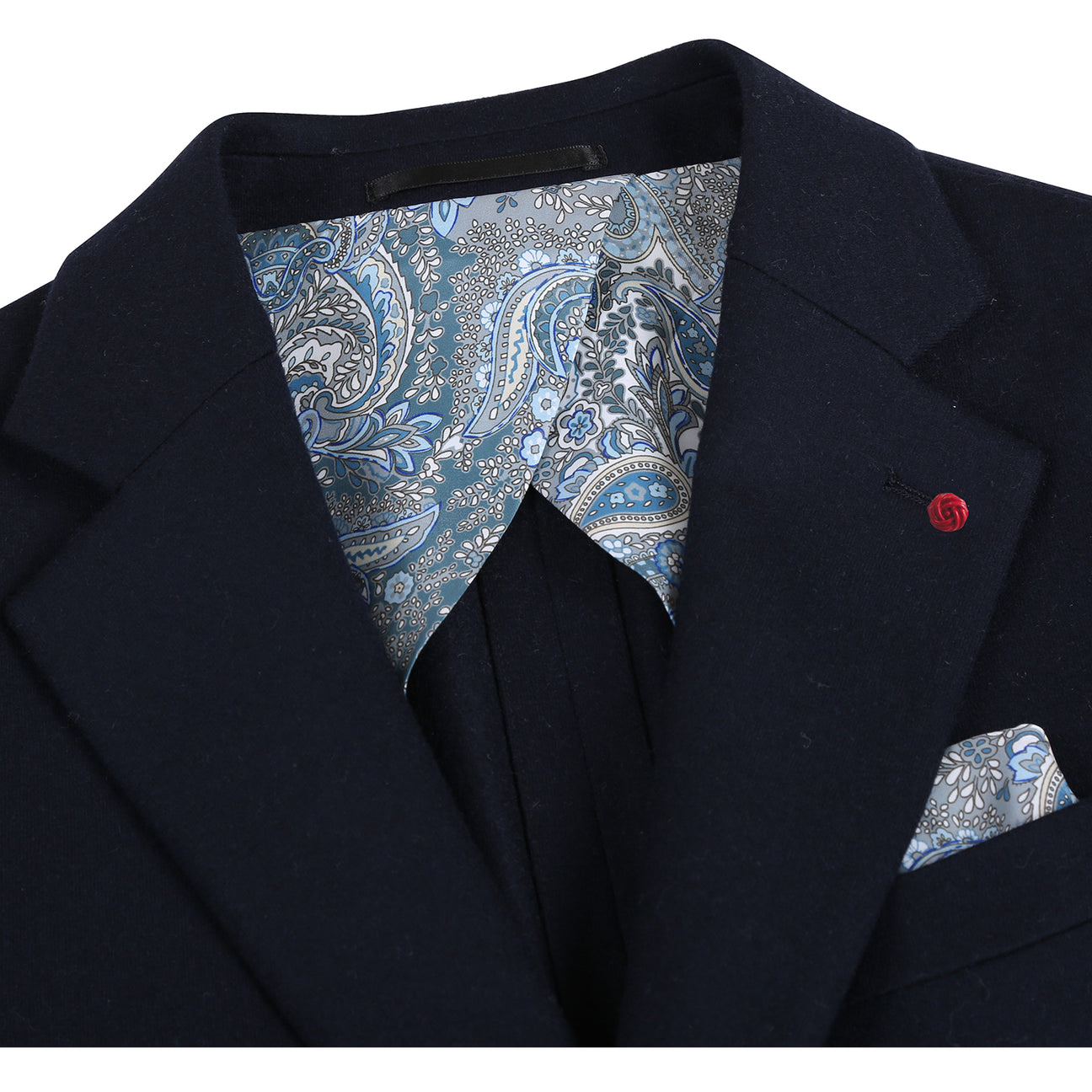 The Pellagio Men's Slim Fit Riserva Jacket Navy PF25-18W by Pellagio is displayed on a mannequin, paired with a white dress shirt, striped tie, and patterned pocket square.