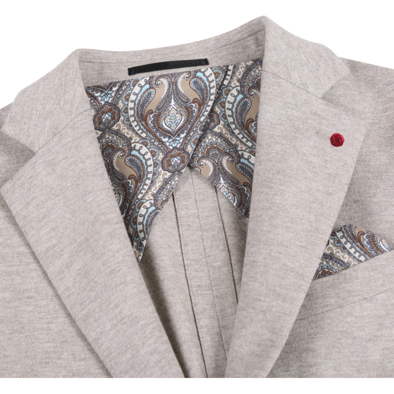 The Pellagio Men's Slim Fit Riserva Jacket Beige PF25-21W features two front pockets, button closure, a patterned pocket square, and striped tie over a white shirt, displayed on a mannequin.