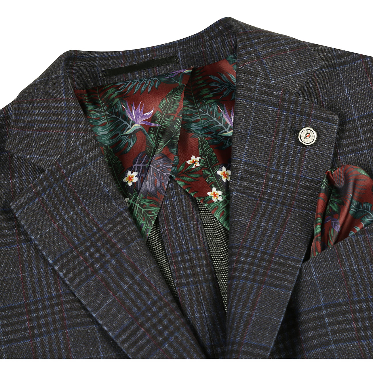 A mannequin features the Pellagio Blue Black Men's Half Canvas Blazer PF24-12, styled with a white shirt, red polka dot tie, and matching pocket square.