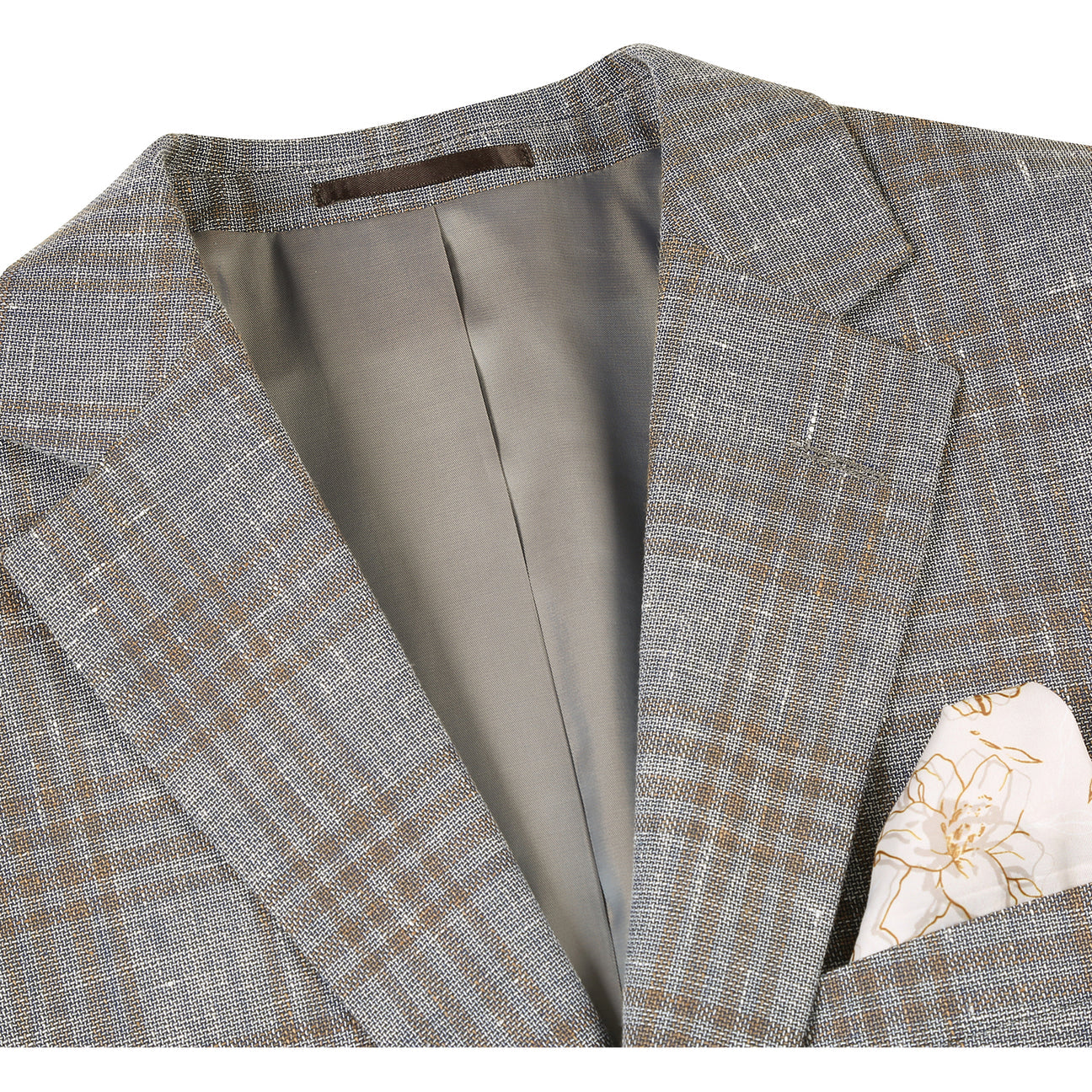 The Renoir Alessandro Vitello Classic Fit Wool Gray Brown Blazer 565-13 is displayed on a mannequin with a notch lapel, matching vest, white dress shirt, beige patterned tie, and pocket square.
