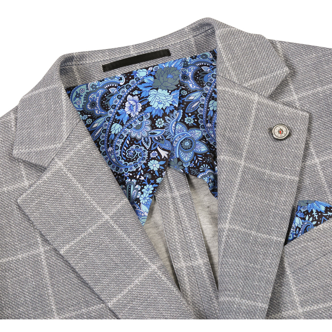 The Pellagio Men's Half Canvas Blazer Gray PS25-4 features a slim fit with a gray plaid pattern, displayed on a mannequin styled with a white shirt, red patterned tie, and blue pocket square.