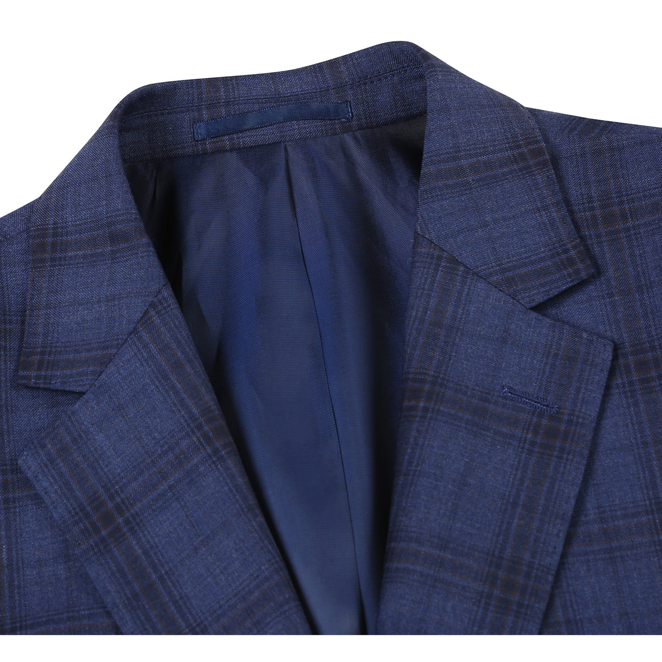 The Renoir Alessandro Vitello New Slim Fit Wool Navy Suit 566-14 is displayed on a mannequin, paired with a white dress shirt and dark patterned tie.
