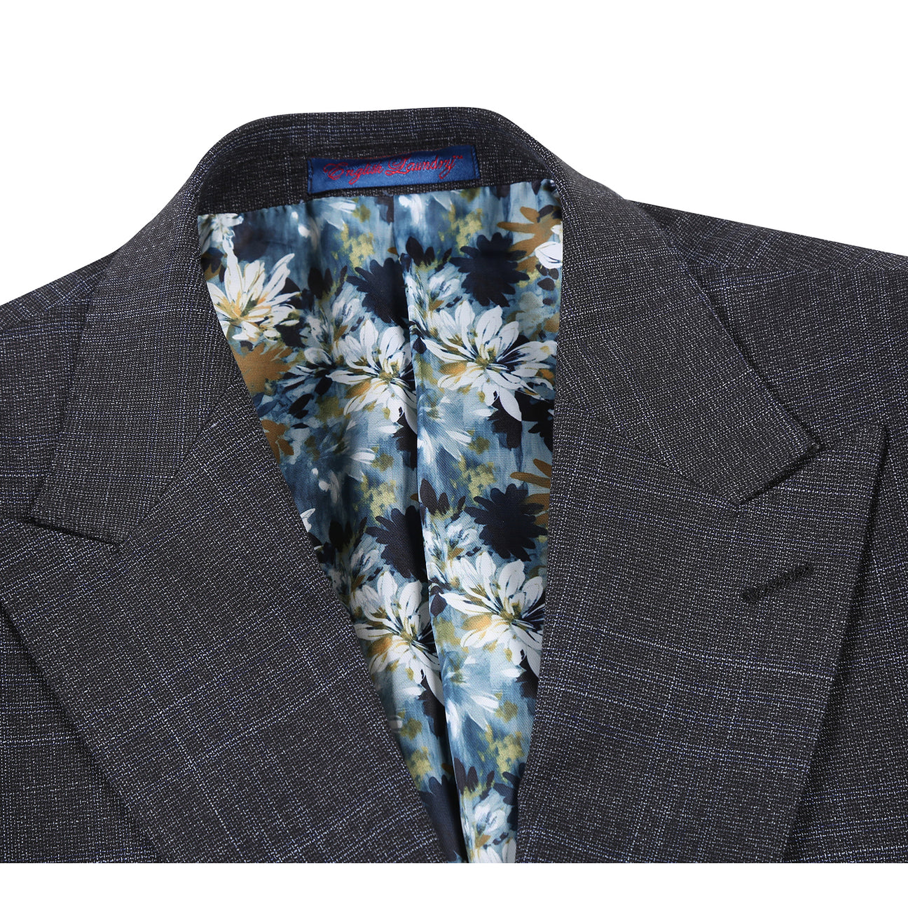 The English Laundry Navy Gray Check Suit 22-68-410EL features a modern slim fit jacket with notch lapel, crisp white shirt, and blue patterned tie—an ideal look for any occasion. Displayed on a mannequin against a white background.