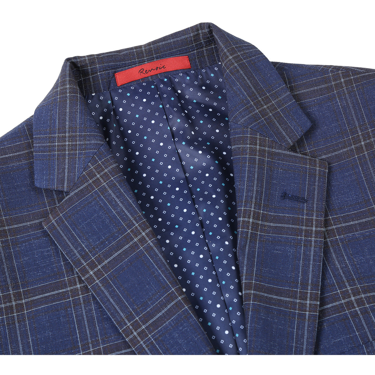 The Alessandro Vitello by Renoir Blue Slim Fit Side Vented Blazer 294-19, styled with a white shirt and purple polka dot tie, is elegantly displayed on a mannequin.