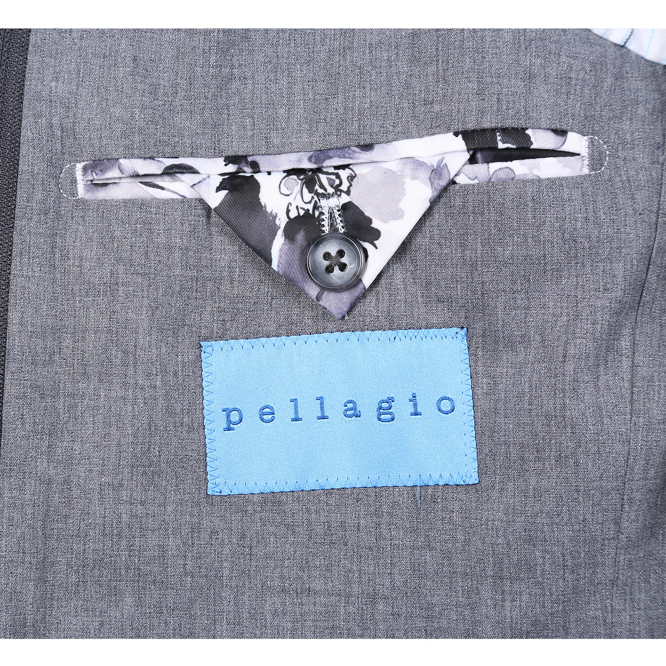 The Pellagio Men's Slim Fit Riserva Jacket Charcoal PF25-12 features a notched lapel, patch pockets, and chest pocket square, styled over a grey hoodie with a removable hood on a white mannequin torso.