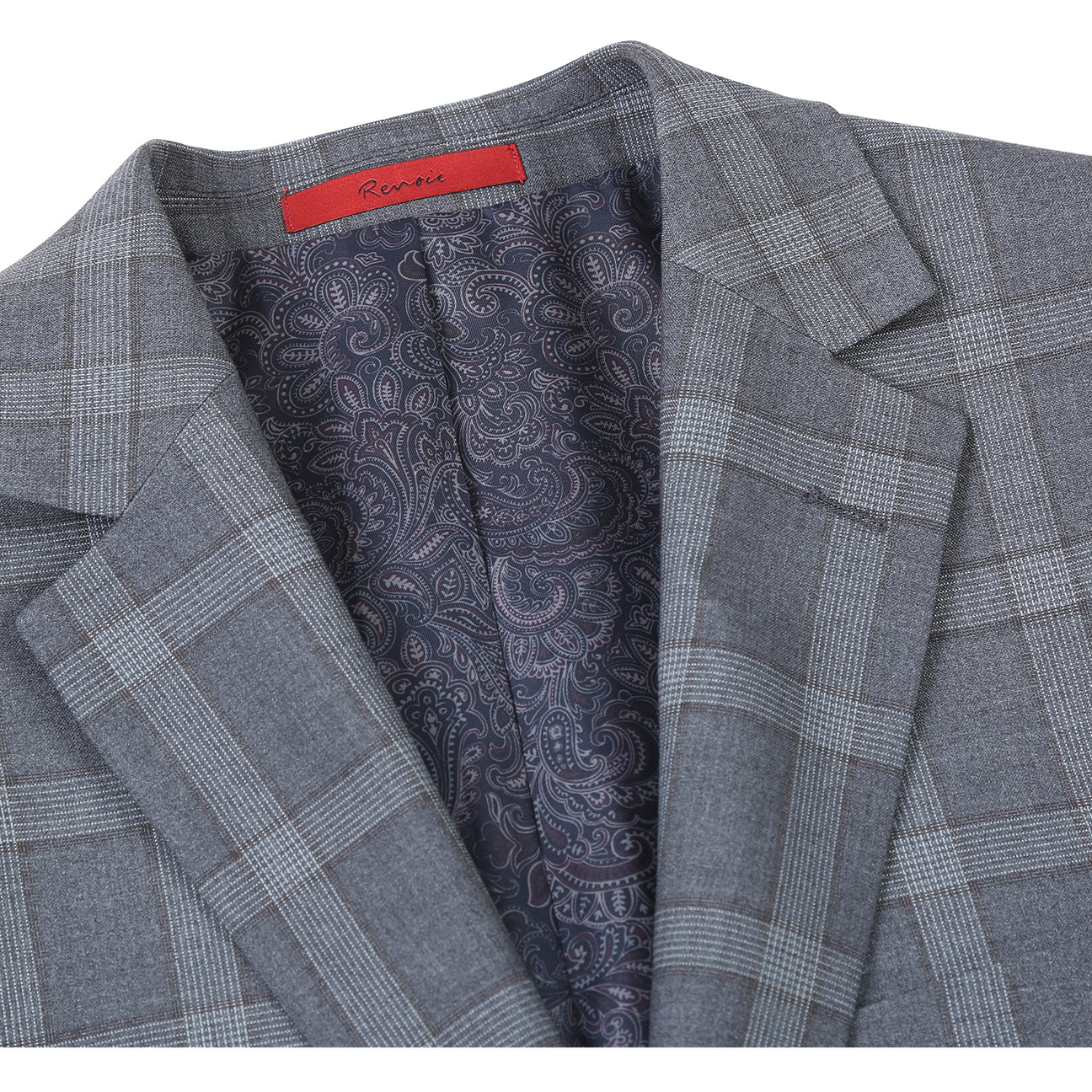 The Alessandro Vitello by Renoir New Slim Fit Monument Suit 293-46, showcased on a mannequin with a white dress shirt and red patterned necktie—a refined men’s ensemble from Renoir.