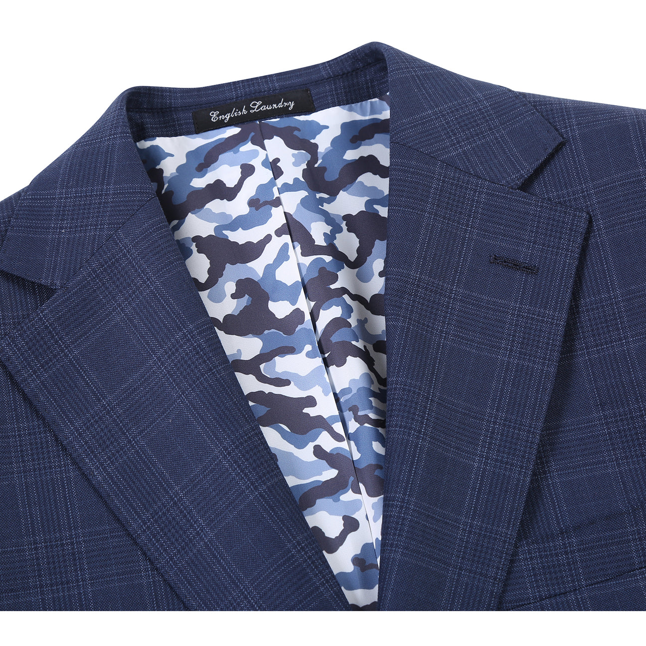 The ENGLISH LAUNDRY Blue Check Suit EL12-50-410 by English Laundry features a classic blue check pattern with notch lapels, paired with a white dress shirt and red patterned tie—an elegant, timeless men's style.