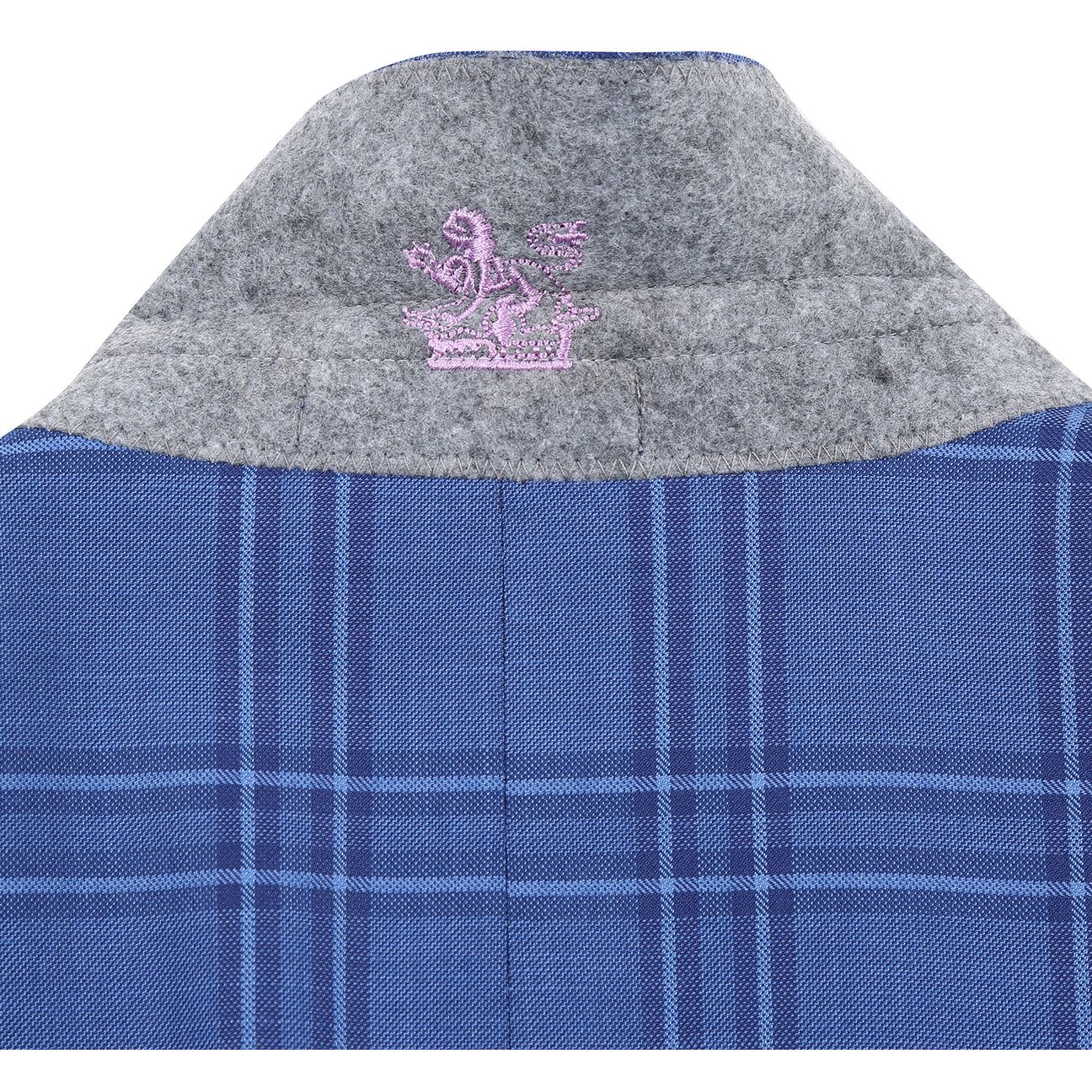 The ENGLISH LAUNDRY Blue Check Suit 12-63-411EL by English Laundry is a slim fit blue plaid blazer with two-button closure, notch lapels, front pockets, and a colorful floral lining, shown on a white background.