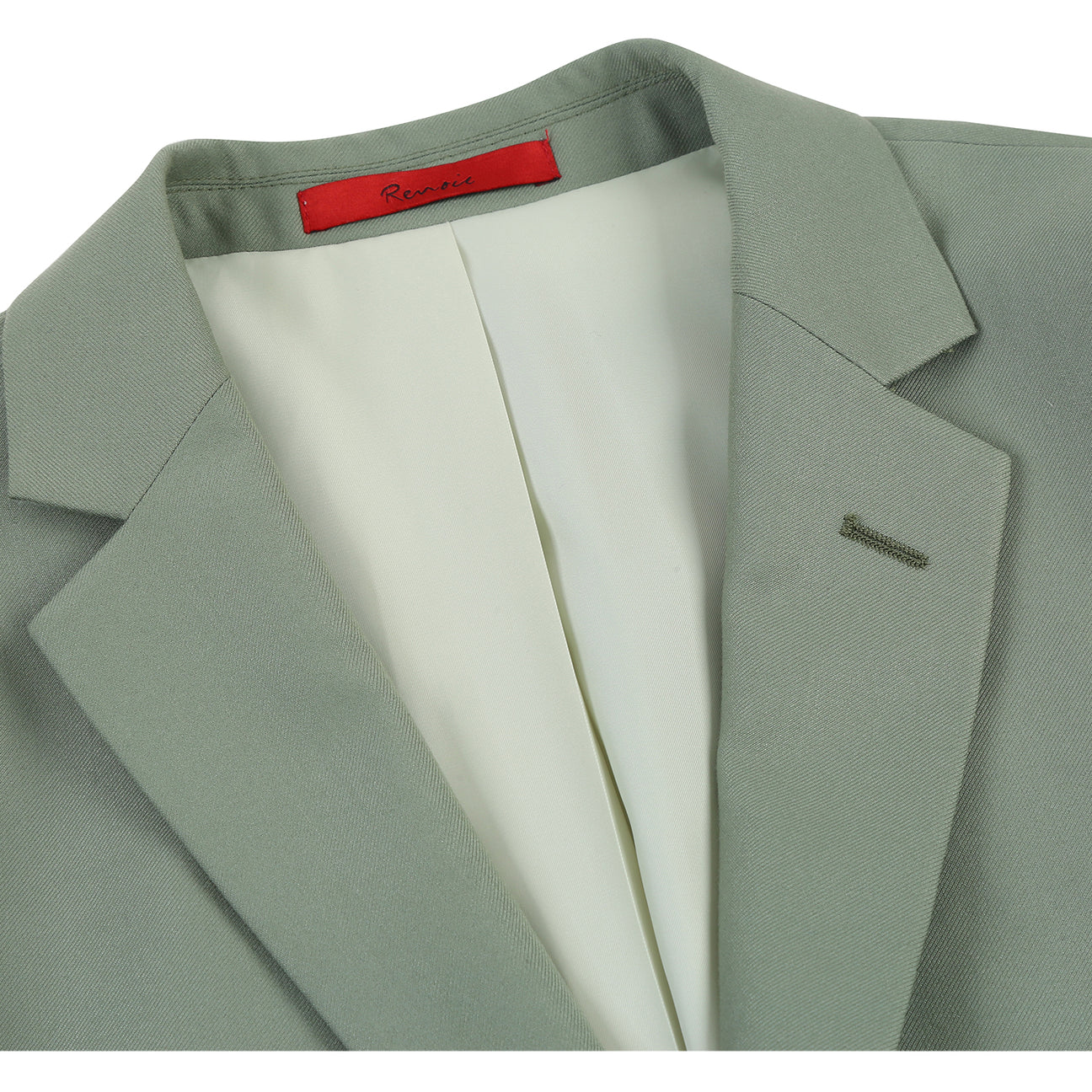 The Alessandro Vitello by Renoir 2-piece sage suit (201-12) is displayed on a mannequin with a white dress shirt, brown patterned tie, and matching pants.