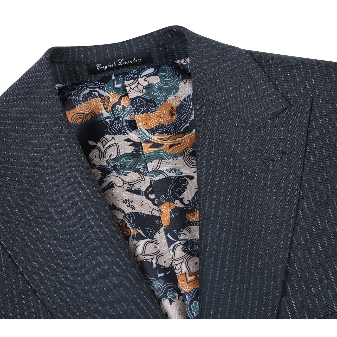 The ENGLISH LAUNDRY Black Stripe Suit EL12-33-341 by English Laundry is shown on a headless mannequin, styled with a white dress shirt and striped tie against a plain background.