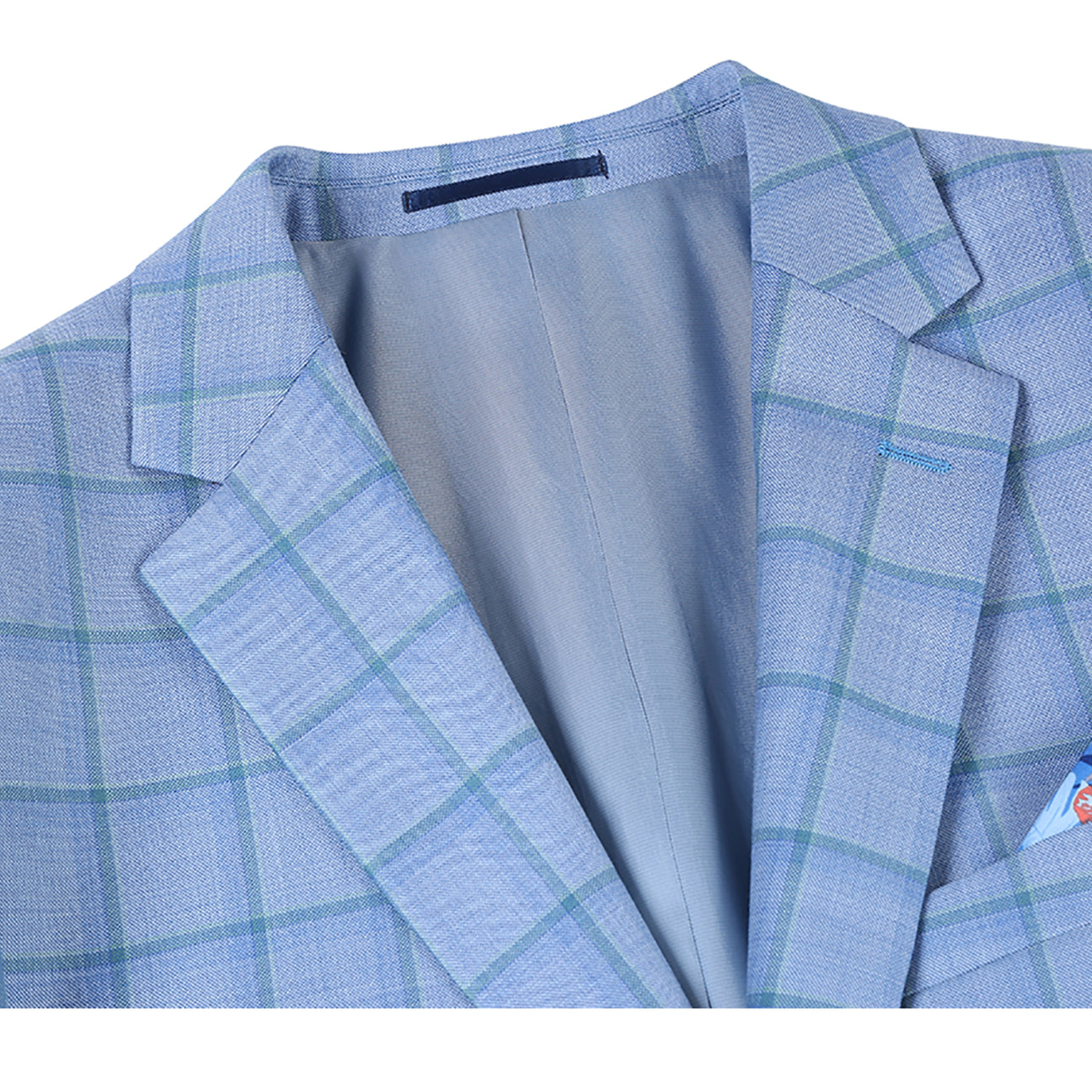 The Alessandro Vitello by Renoir Classic Fit Wool Blazer in Blue 565-1 is paired with a crisp white shirt, patterned blue tie, and folded pocket square, shown against a plain white background.