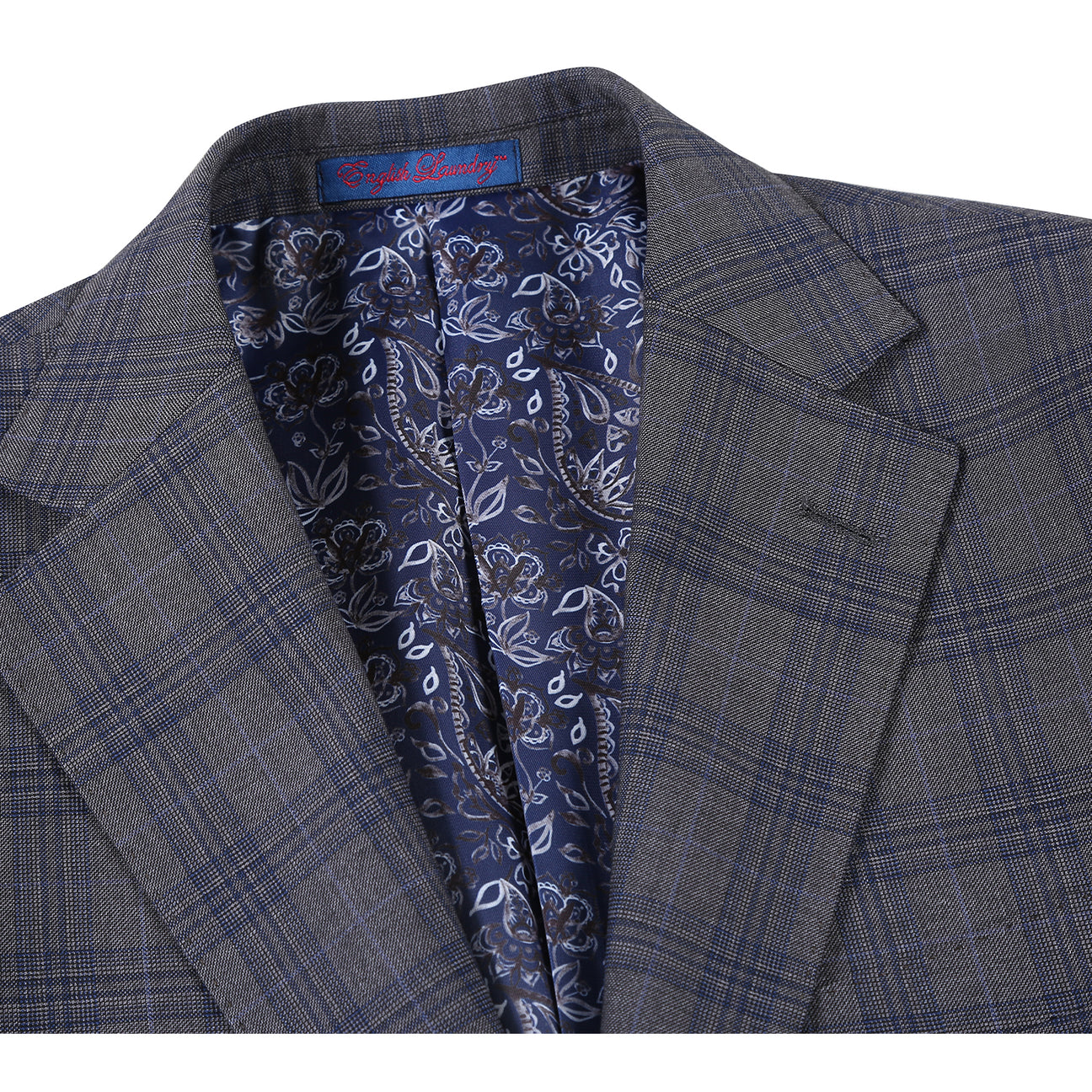 The ENGLISH LAUNDRY Gray Check Suit 22-57-500EL by English Laundry, a slim fit plaid jacket with a single black button, is shown over a white shirt and black tie on a headless mannequin against a white background.