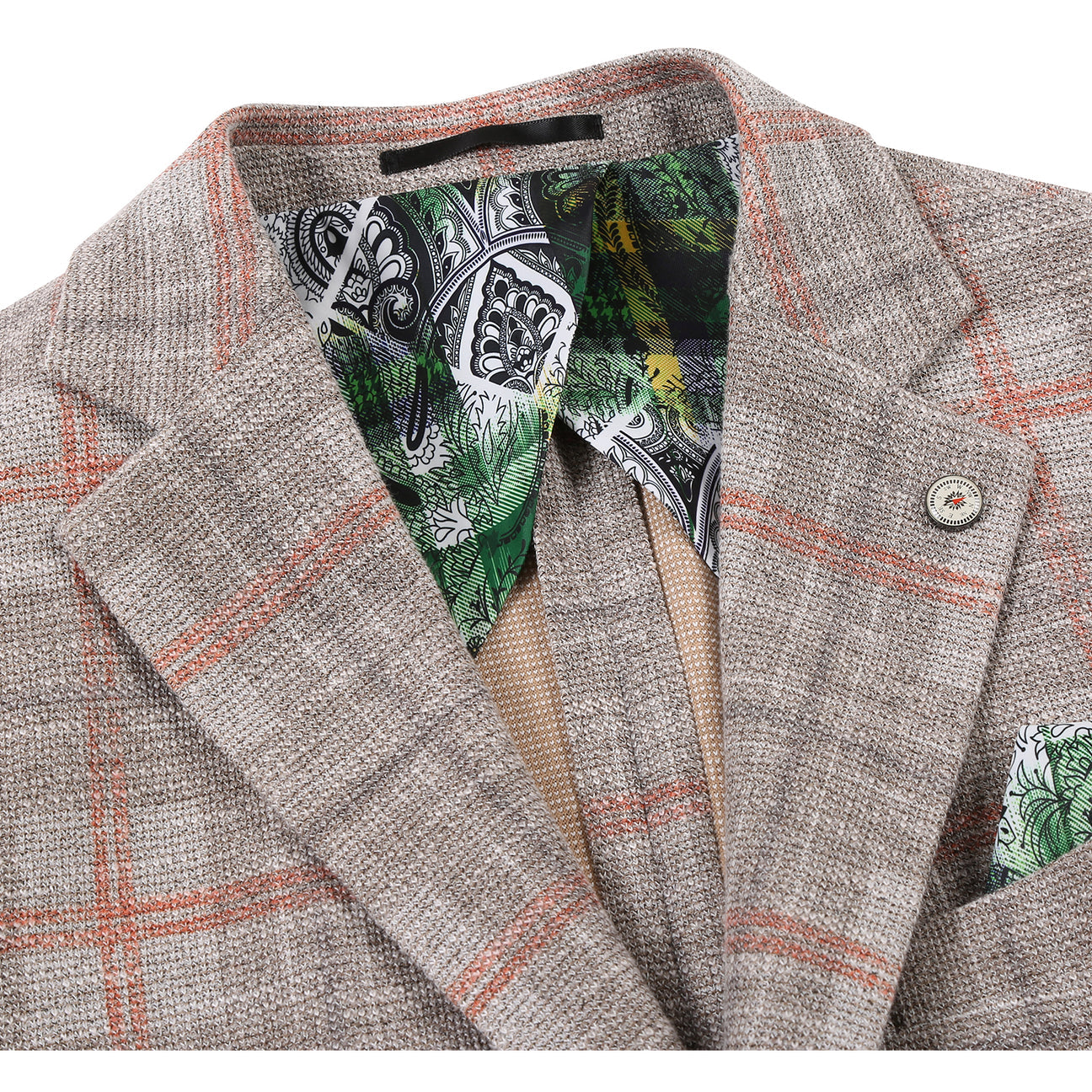 Pellagio Men's Half Canvas Blazer Beige PS25-1 is displayed on a mannequin with orange accents, notched lapel, white dress shirt, blue striped tie, and green patterned pocket square. Brand: Pellagio.