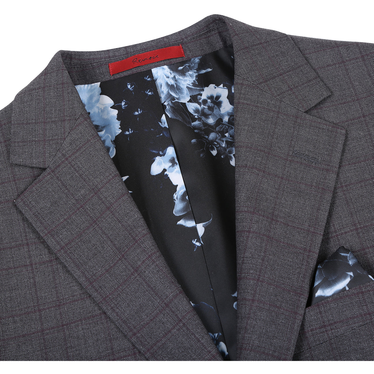 The Alessandro Vitello by Renoir New Slim Fit Gray Suit 293-47 is displayed on a mannequin, featuring a dark gray plaid design, polyester-rayon-spandex blend, paired with a white shirt, red patterned tie, and pocket square.