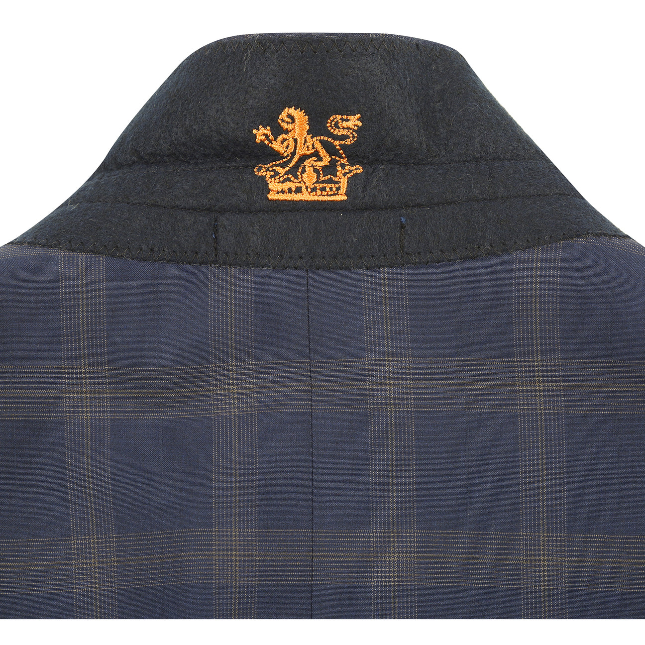 The ENGLISH LAUNDRY TR Suit 12-58-410EL by English Laundry is a navy blue plaid blazer with notch lapels, two buttons, flap pockets, and a colorful patterned inner lining shown in a front-facing view.