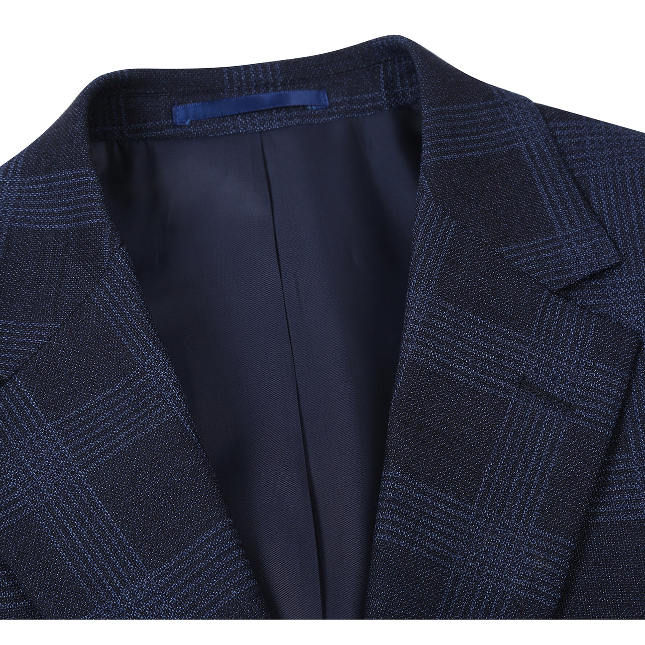 The Renoir Alessandro Vitello New Slim Fit Wool Navy Blazer 565-19 is shown on a mannequin with a white dress shirt, red polka dot tie, and blue pocket square.