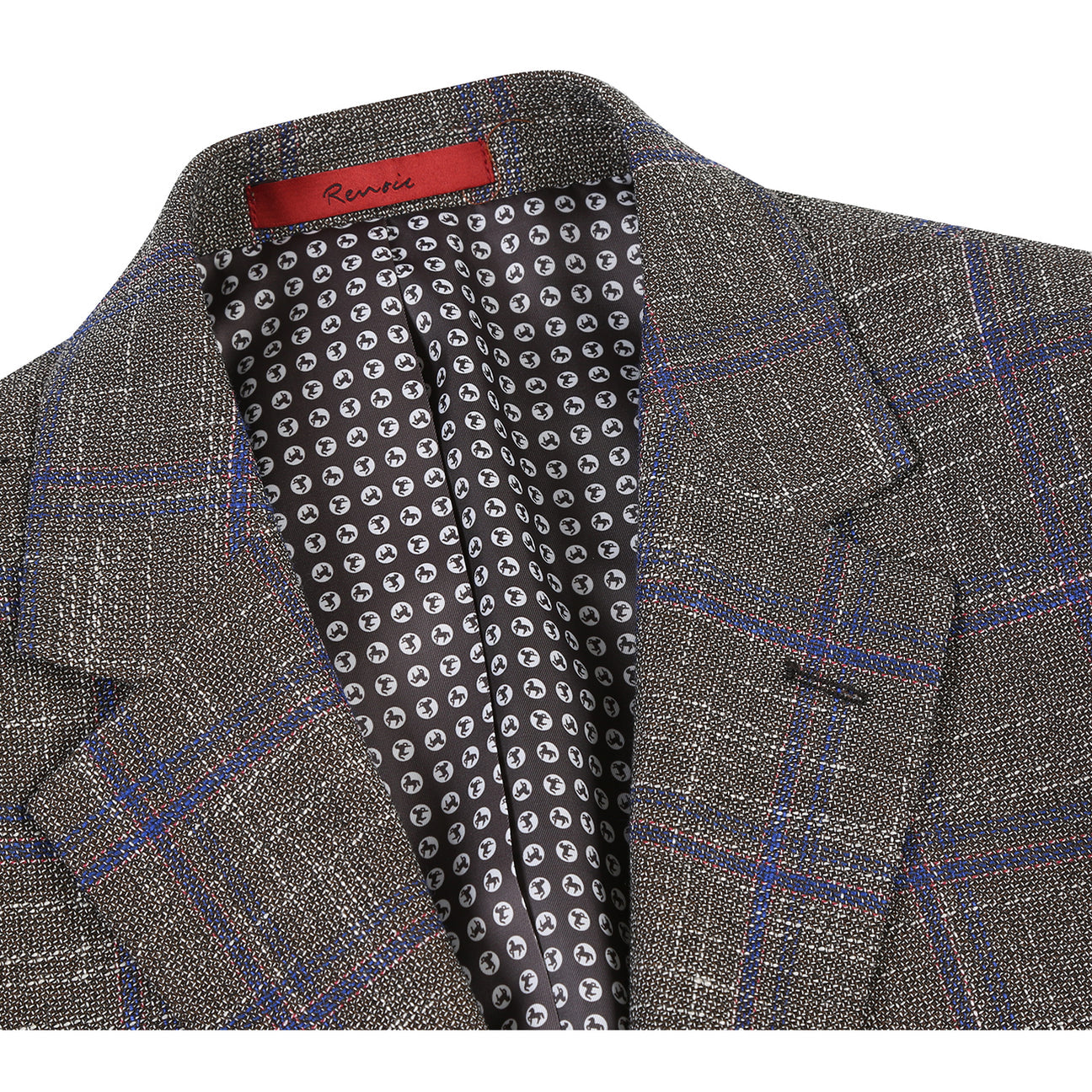 The Renoir Alessandro Vitello Slim Fit Sport Coat 294-29, a gray plaid jacket with purple stripes and a notch lapel, is stylishly displayed on a mannequin with a white dress shirt and orange patterned tie.