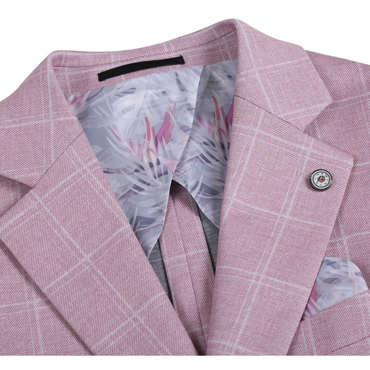The Pellagio Pink Men's Slim Fit Riserva Jacket PS26-8 features notch lapels, two buttons, front pockets, and a matching pocket square. Shown on a mannequin with a white shirt and striped tie. Brand: Pellagio.
