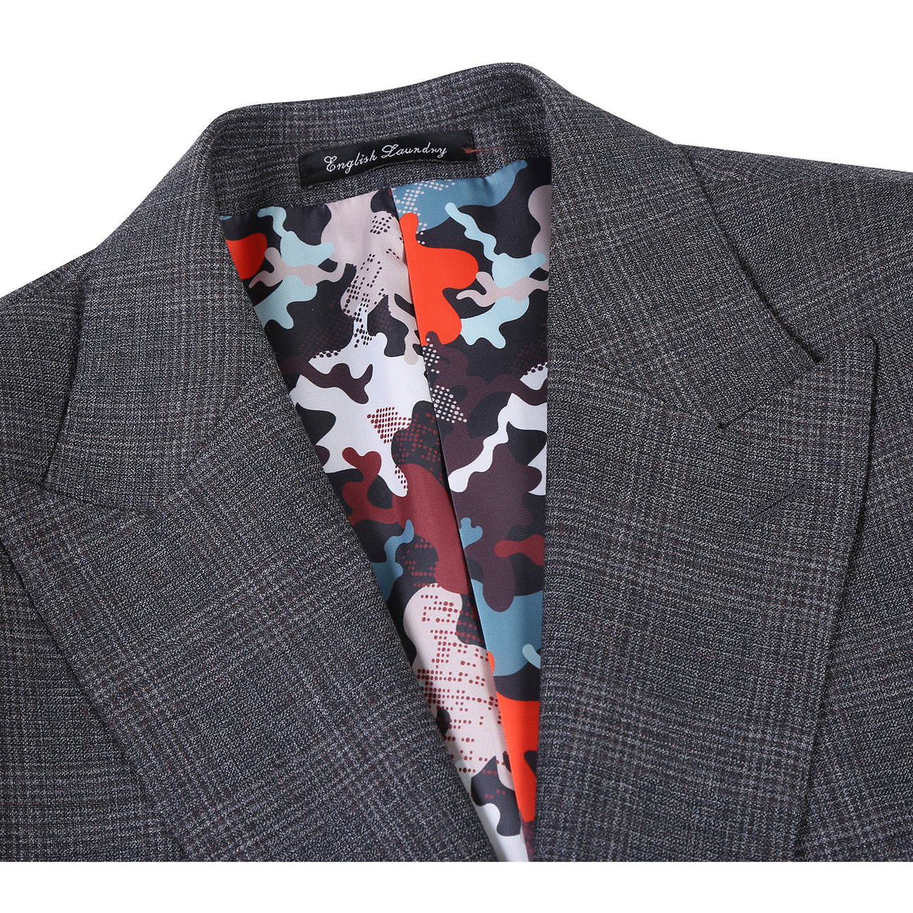 The ENGLISH LAUNDRY Dark Gray Check Suit EL12-57-095 by English Laundry is displayed on a mannequin, styled with a white dress shirt and a red patterned tie.