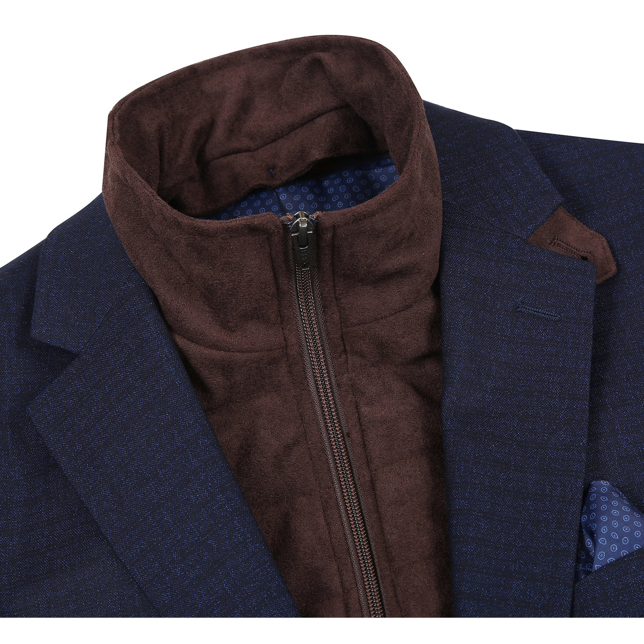 The Renoir Alessandro Vitello Classic Fit Bib Navy Blazer 294-42 features a notch lapel, two-button closure, brown quilted inner vest, and light blue pocket square, shown on a mannequin.