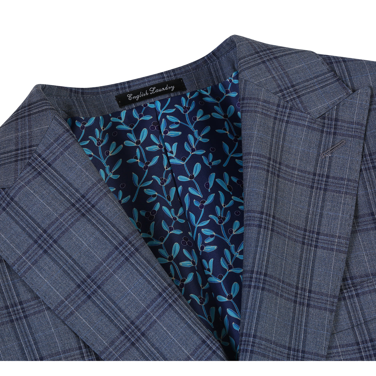 The ENGLISH LAUNDRY Wool Suit EL92-57-093 by English Laundry features a gray plaid slim-fit jacket over a white dress shirt with a red patterned tie, displayed on a mannequin.