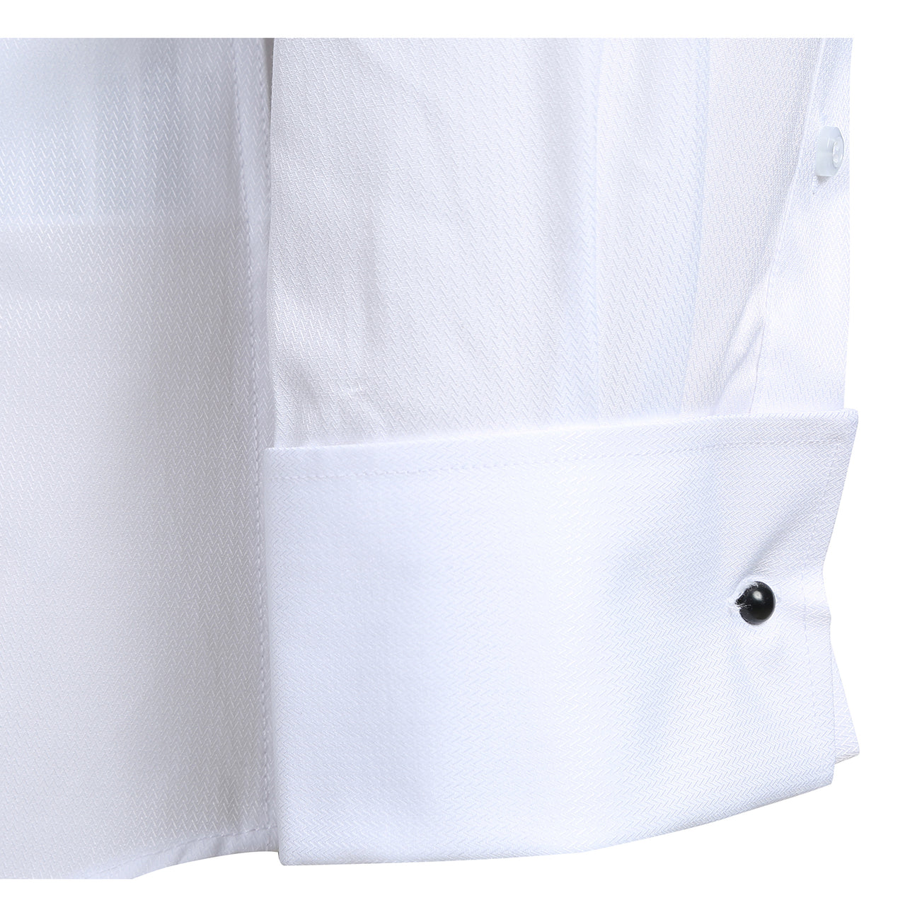 The Renoir VERNO White Slim Fit Long Sleeve Tuxedo Dress Shirt TUX01 features black buttons and a classic collar, shown neatly folded on a white background.